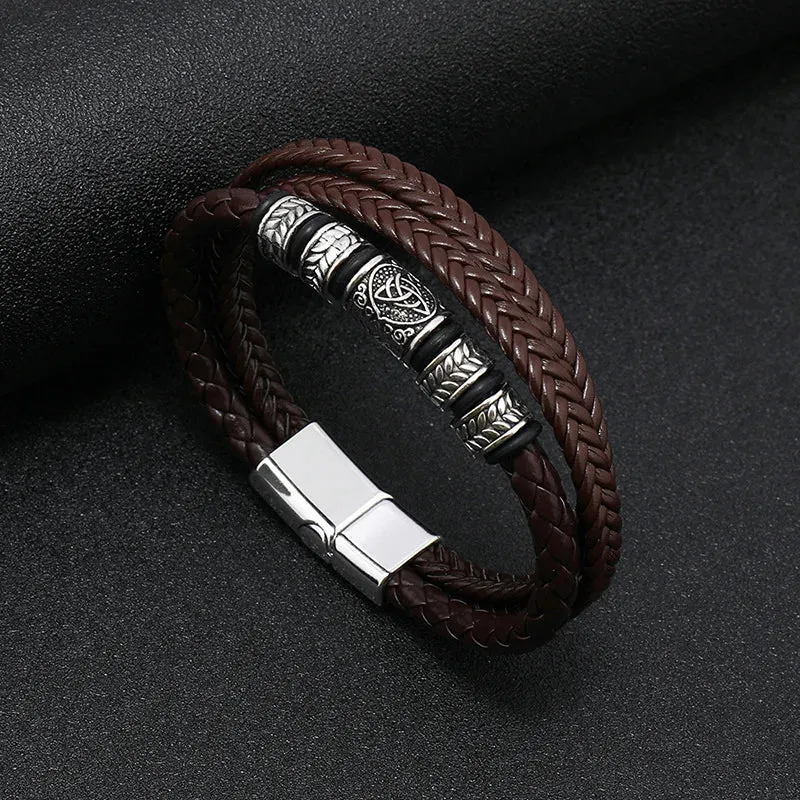 Bracelet pour Homme à 3 rangées en cuir tressé Marron & métal ciselé inoxydable style ethnique Chic ! (1 coloris/Livraison OFFERTE)