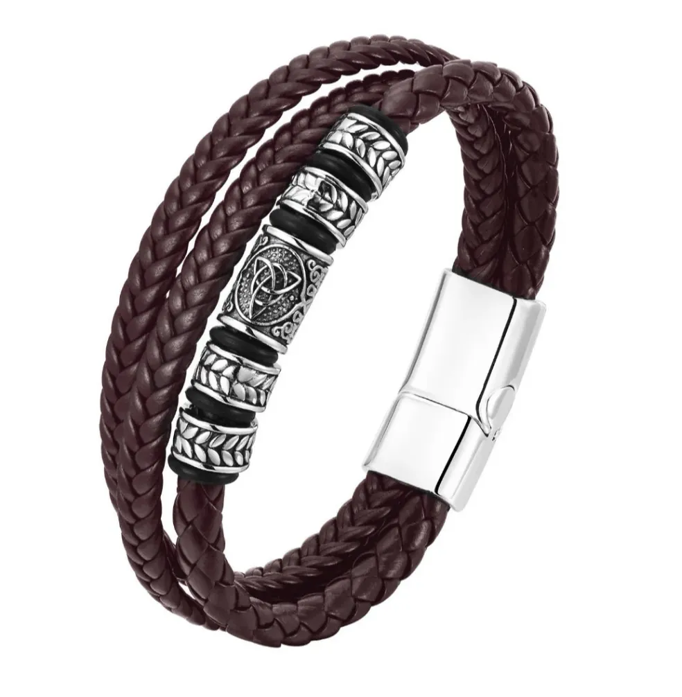 Bracelet pour Homme à 3 rangées en cuir tressé Marron & métal ciselé inoxydable style ethnique Chic ! (1 coloris/Livraison OFFERTE)