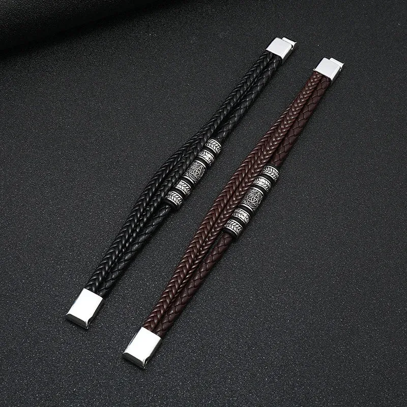 Bracelet pour Homme à 3 rangées en cuir tressé Marron & métal ciselé inoxydable style ethnique Chic ! (1 coloris/Livraison OFFERTE)