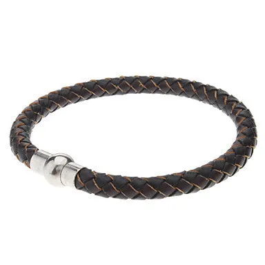 Braided Dark Brown Leather Mens Bracelet with Locking Stainless Steel Clasp