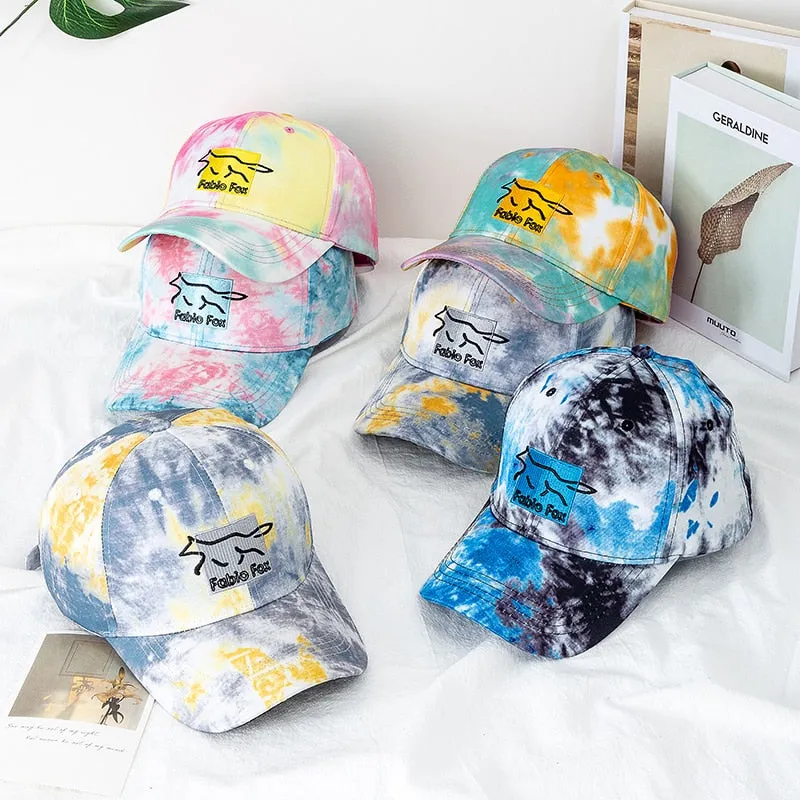 Brand Cotton Hats For Women Fashion Fox Letter Embroidered Tie Dye Baseball Cap Adjustable Outdoor Female Streetwear Hat