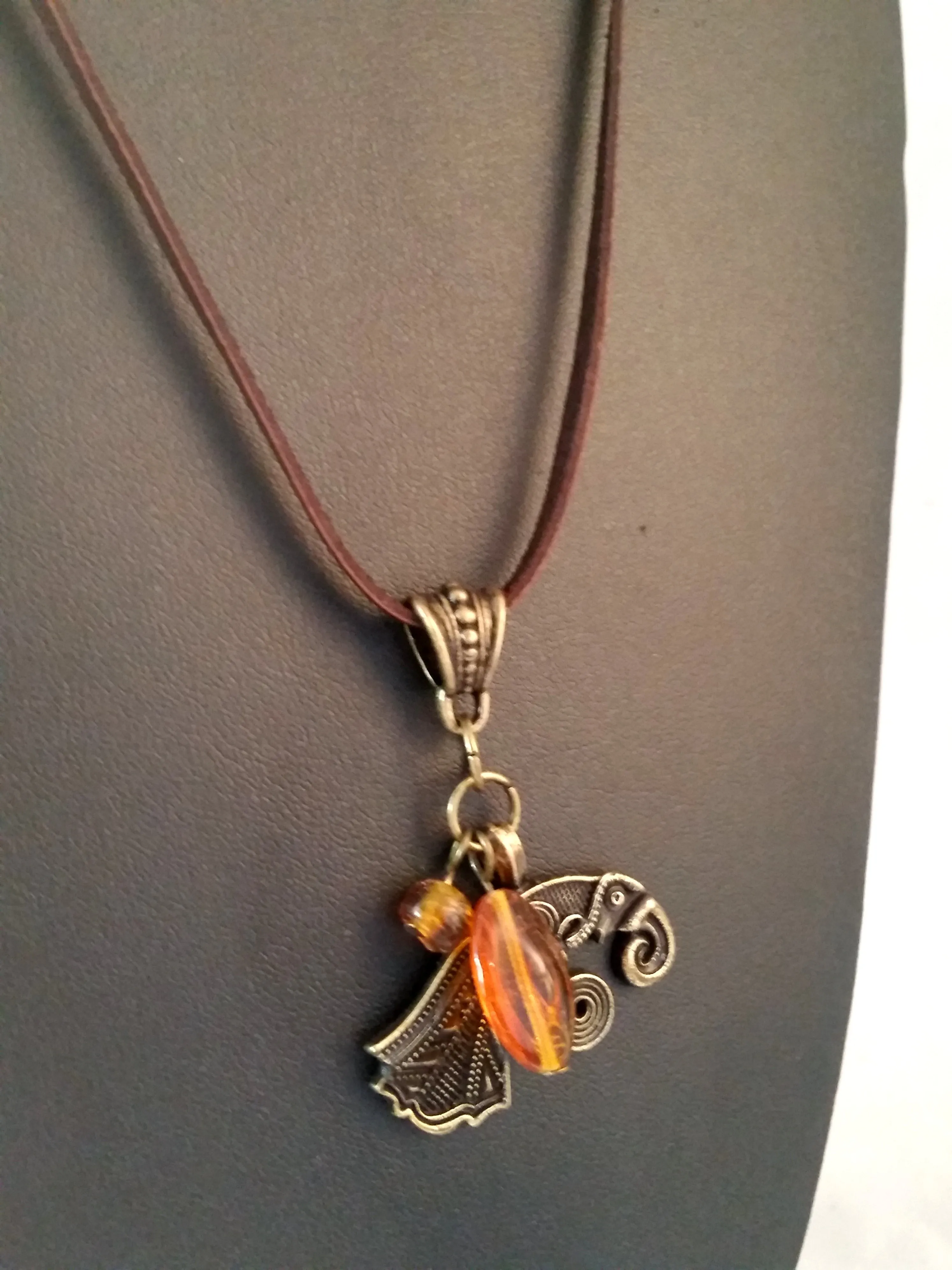 Bronze Raven Necklace Leather Brown Amber Viking LARP