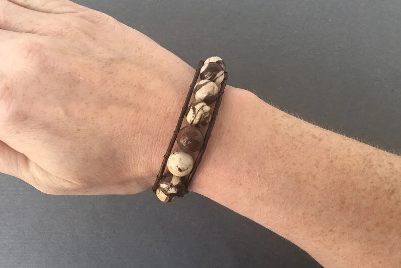 Brown Zebra Jasper on Dark Brown Leather Wrap Bracelet for Him or Her