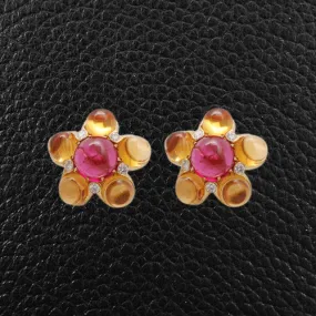 Cabochon Citrine, Rubellite & Diamond Earrings