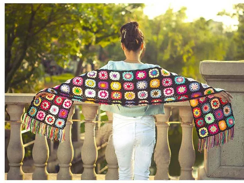 Carnaby Granny Square Scarf Handmade Crochet Winter Muffler Boho Fringed Super Soft Scarves Choose Black White Gray Four Row Or Three Row