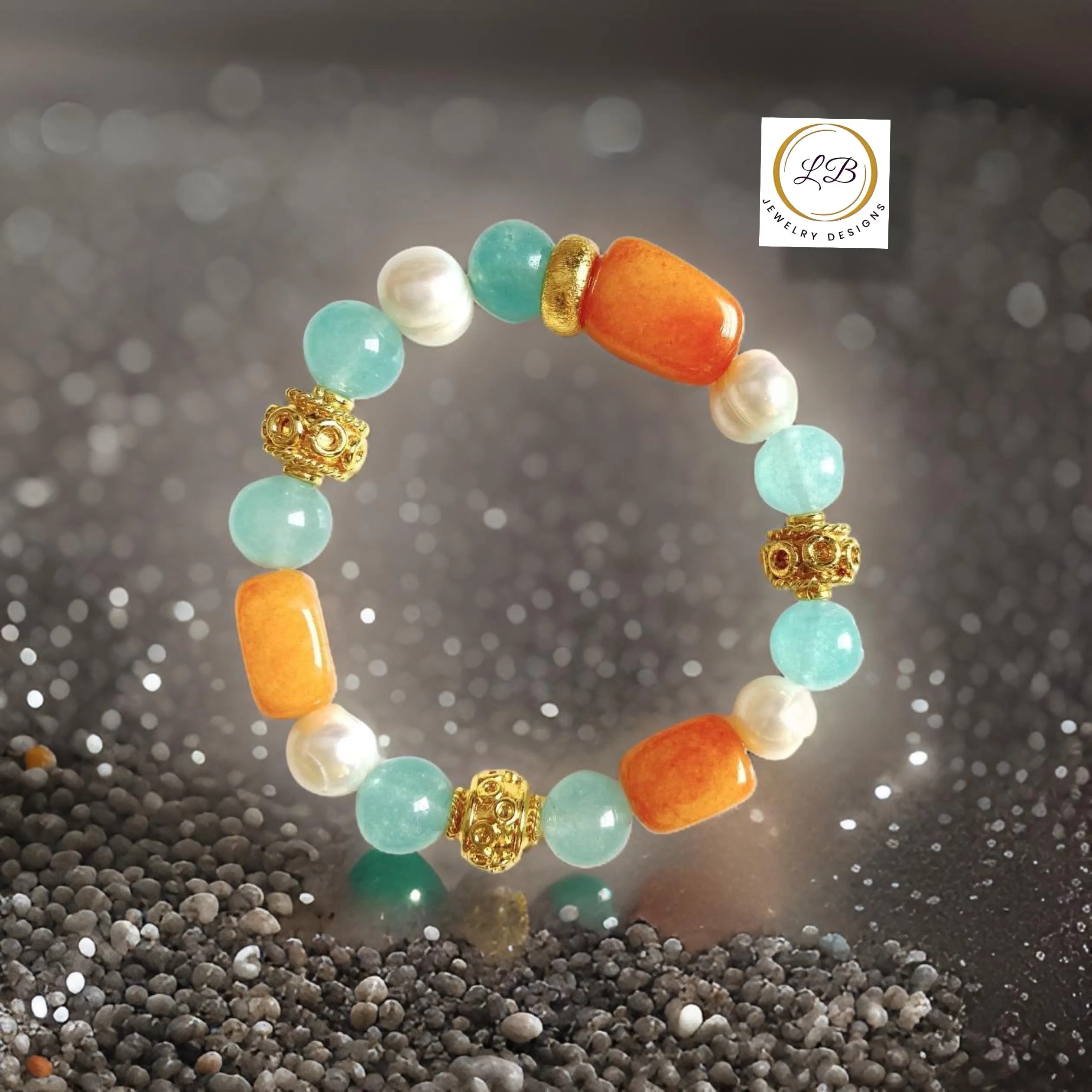 Carnelian, Pearl & Aquamarine Gemstone Gold Bali Bracelet