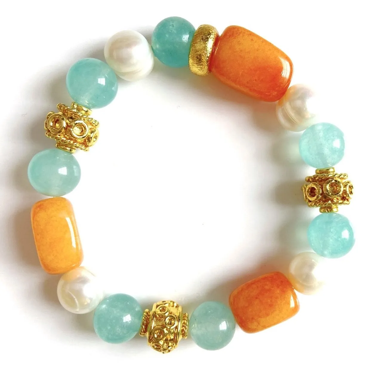 Carnelian, Pearl & Aquamarine Gemstone Gold Bali Bracelet