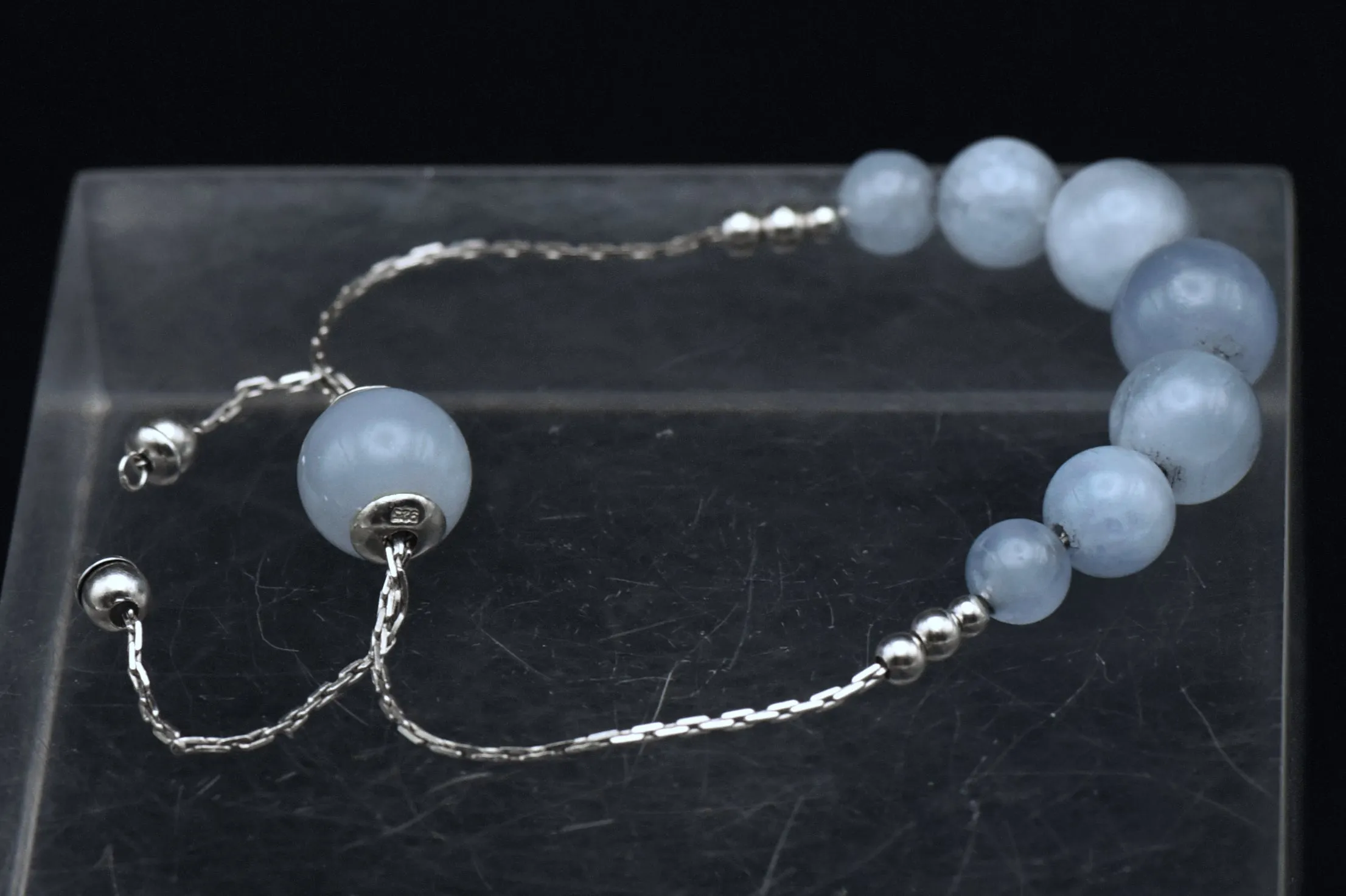 Cat's Eye Aquamarine Beaded Sterling Silver Adjustable Lariat Bracelet