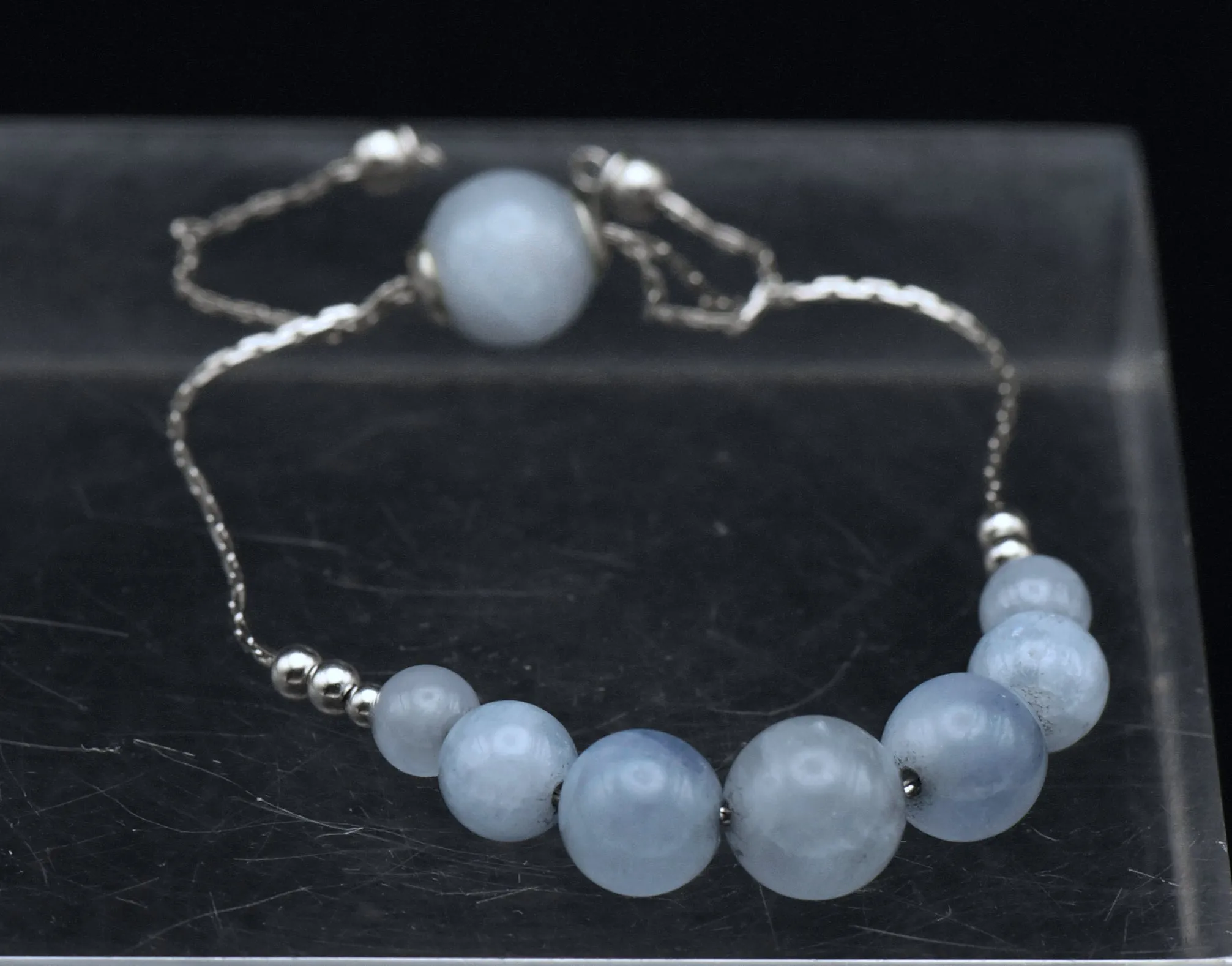 Cat's Eye Aquamarine Beaded Sterling Silver Adjustable Lariat Bracelet