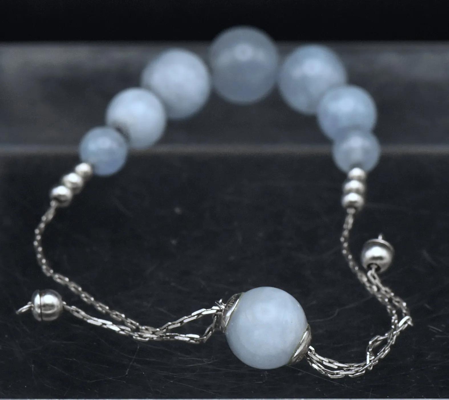 Cat's Eye Aquamarine Beaded Sterling Silver Adjustable Lariat Bracelet