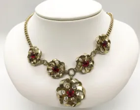 Charming Vintage Floral Necklace with Red Rhinestones