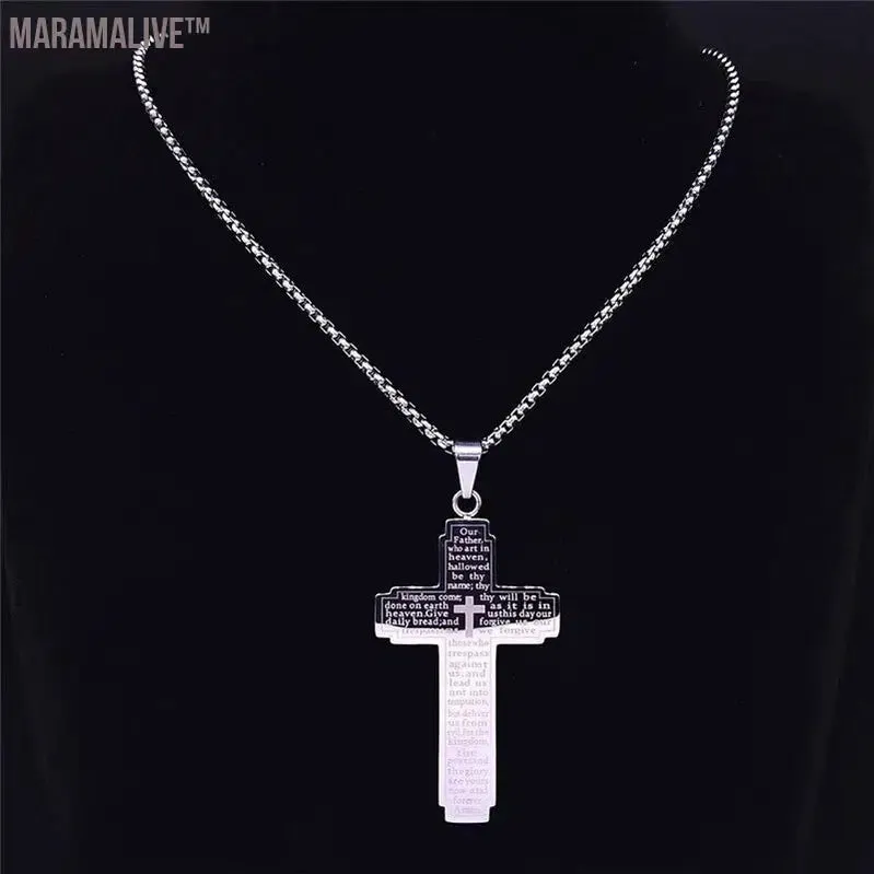 Christian Bible Cross Chain Necklace Stainless Steel Pendant Necklace for Men Religious Prayer Jesus Jewelry corrente masculina