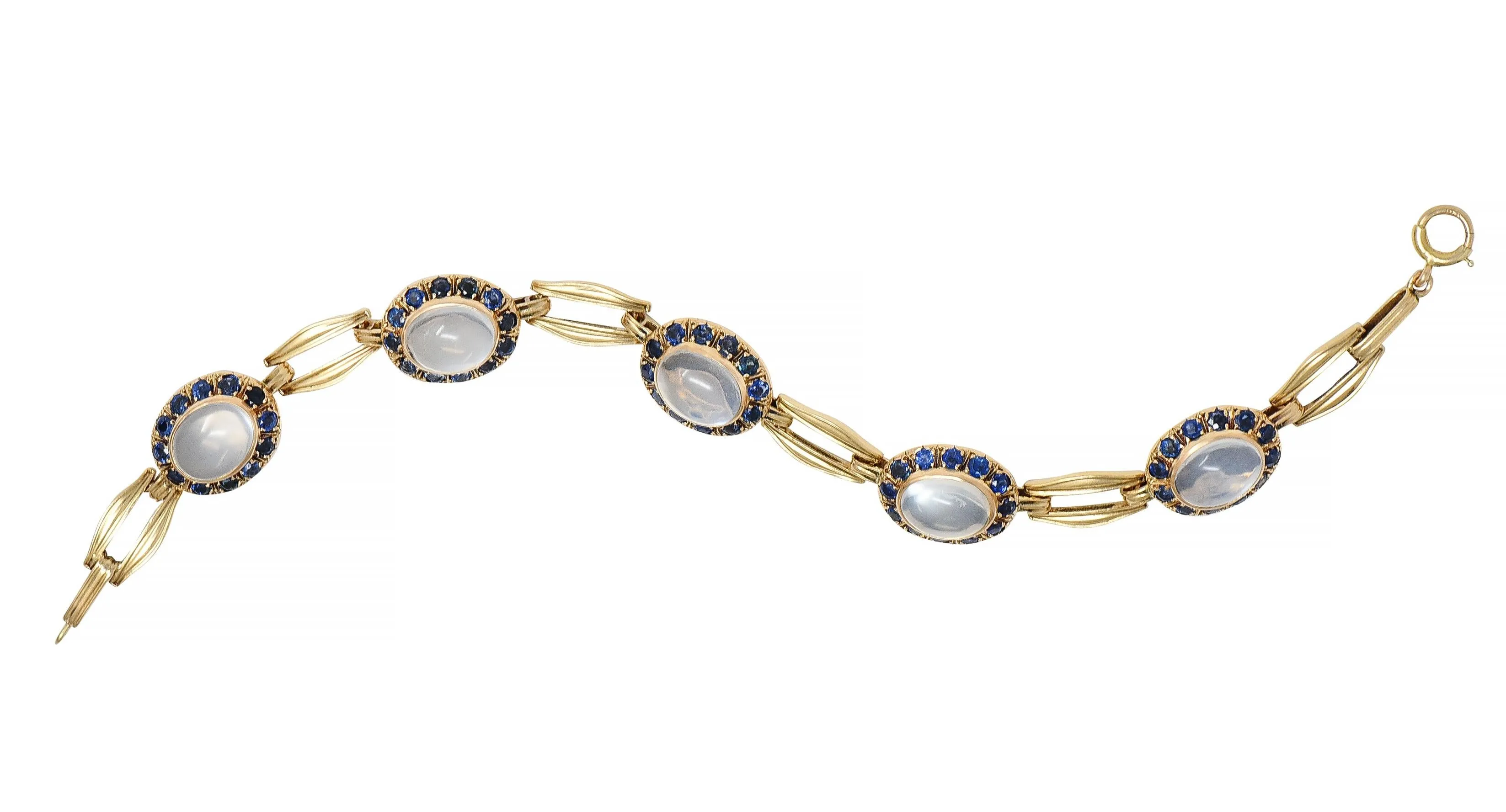 Church & Co. Mid-Century 4.80 CTW Sapphire Moonstone 14 Karat Yellow Gold Vintage Link Bracelet