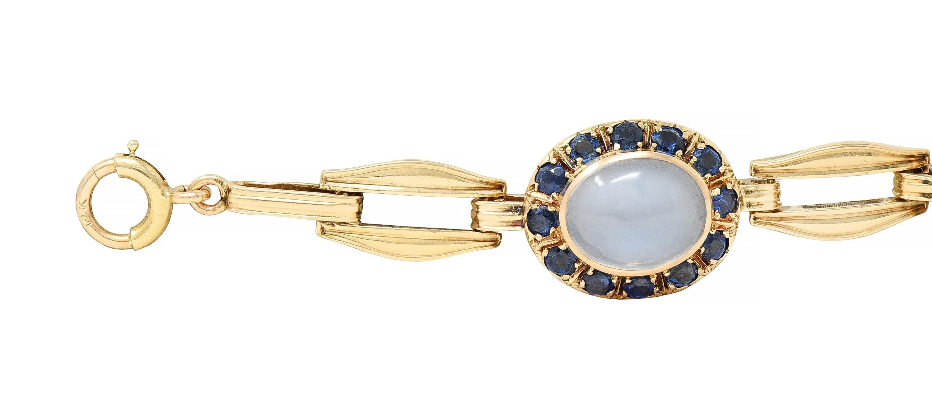 Church & Co. Mid-Century 4.80 CTW Sapphire Moonstone 14 Karat Yellow Gold Vintage Link Bracelet