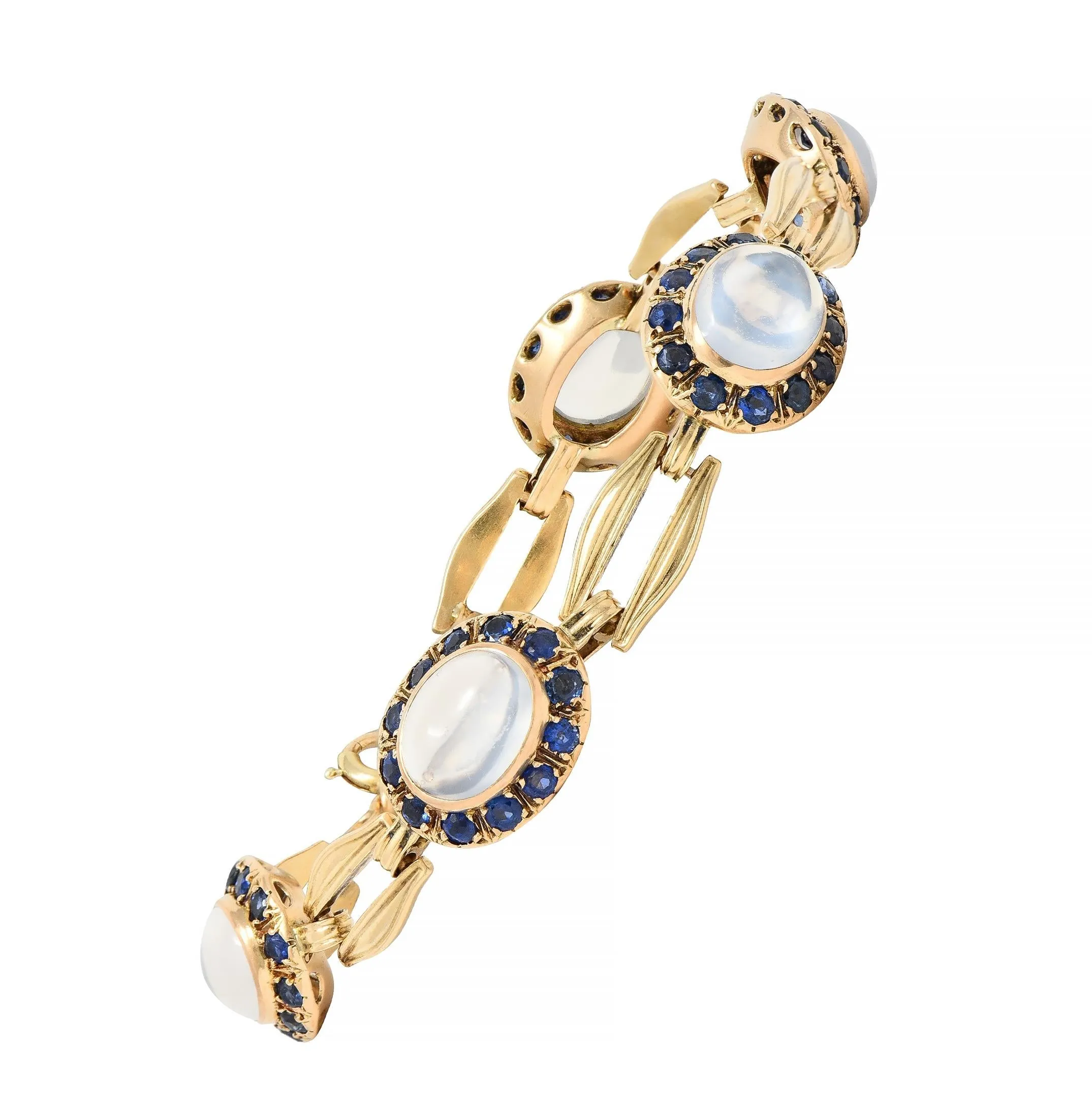 Church & Co. Mid-Century 4.80 CTW Sapphire Moonstone 14 Karat Yellow Gold Vintage Link Bracelet