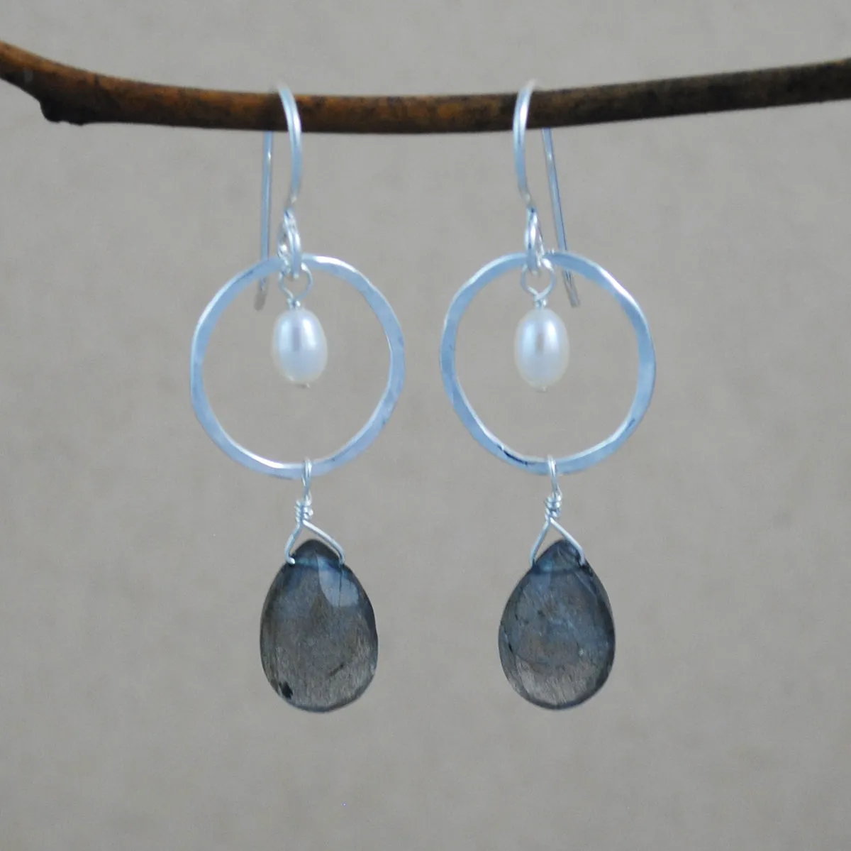 Circle with Stone and Pearl Earrings - sterling