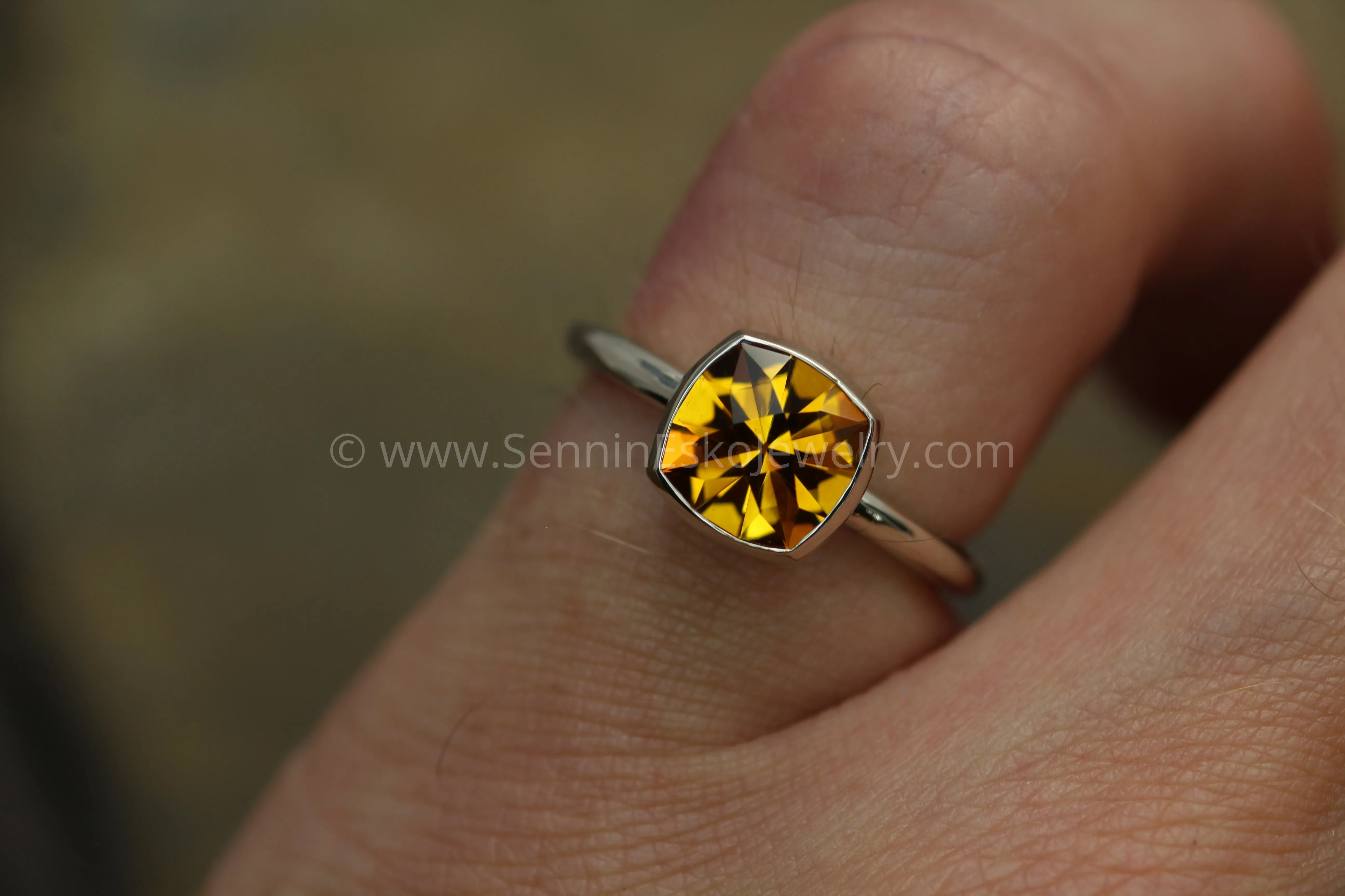 Citrine Cushion Cut White Gold Bezel Ring - Specialty Cut Citrine