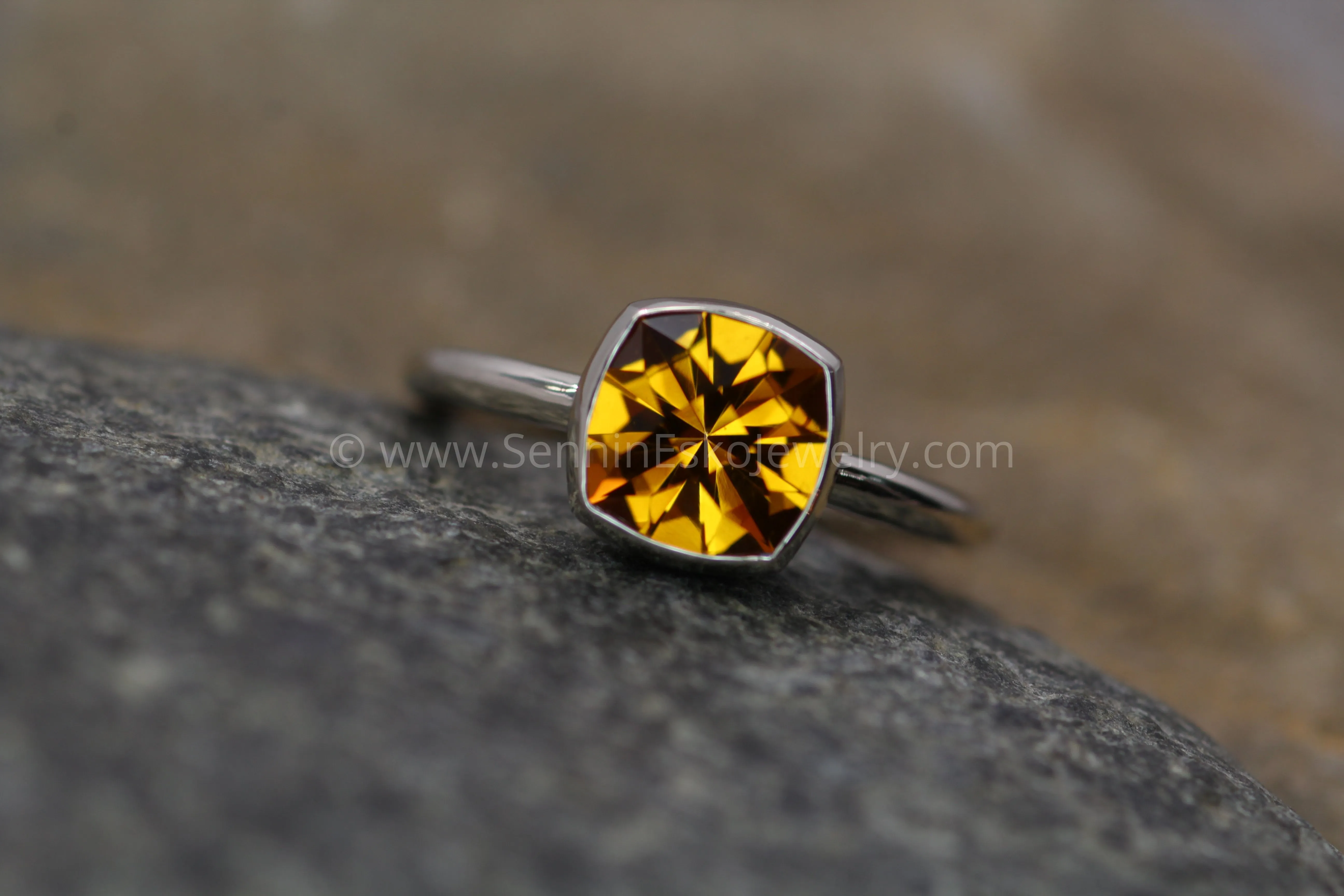 Citrine Cushion Cut White Gold Bezel Ring - Specialty Cut Citrine