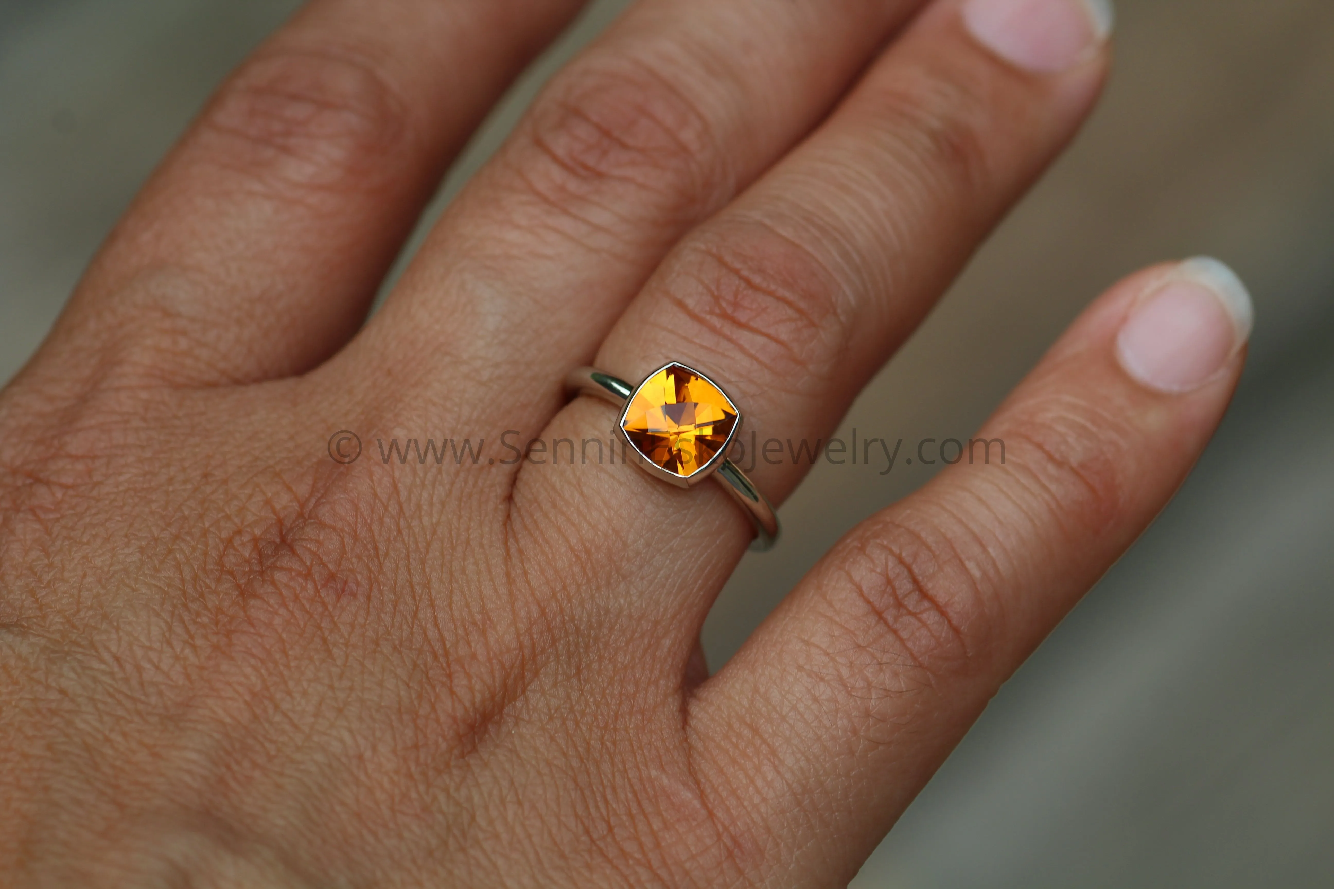 Citrine Cushion Cut White Gold Bezel Ring - Specialty Cut Citrine