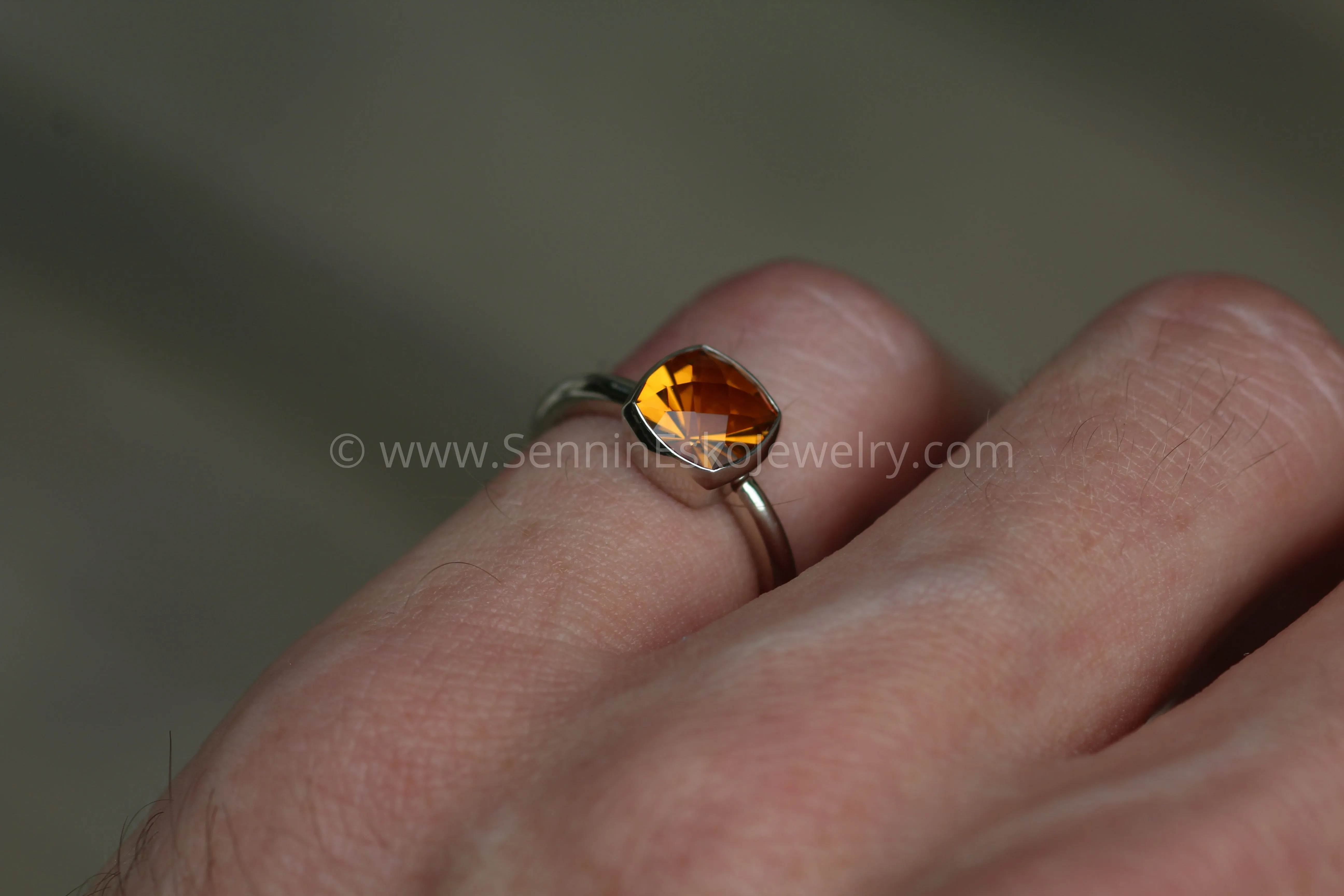 Citrine Cushion Cut White Gold Bezel Ring - Specialty Cut Citrine