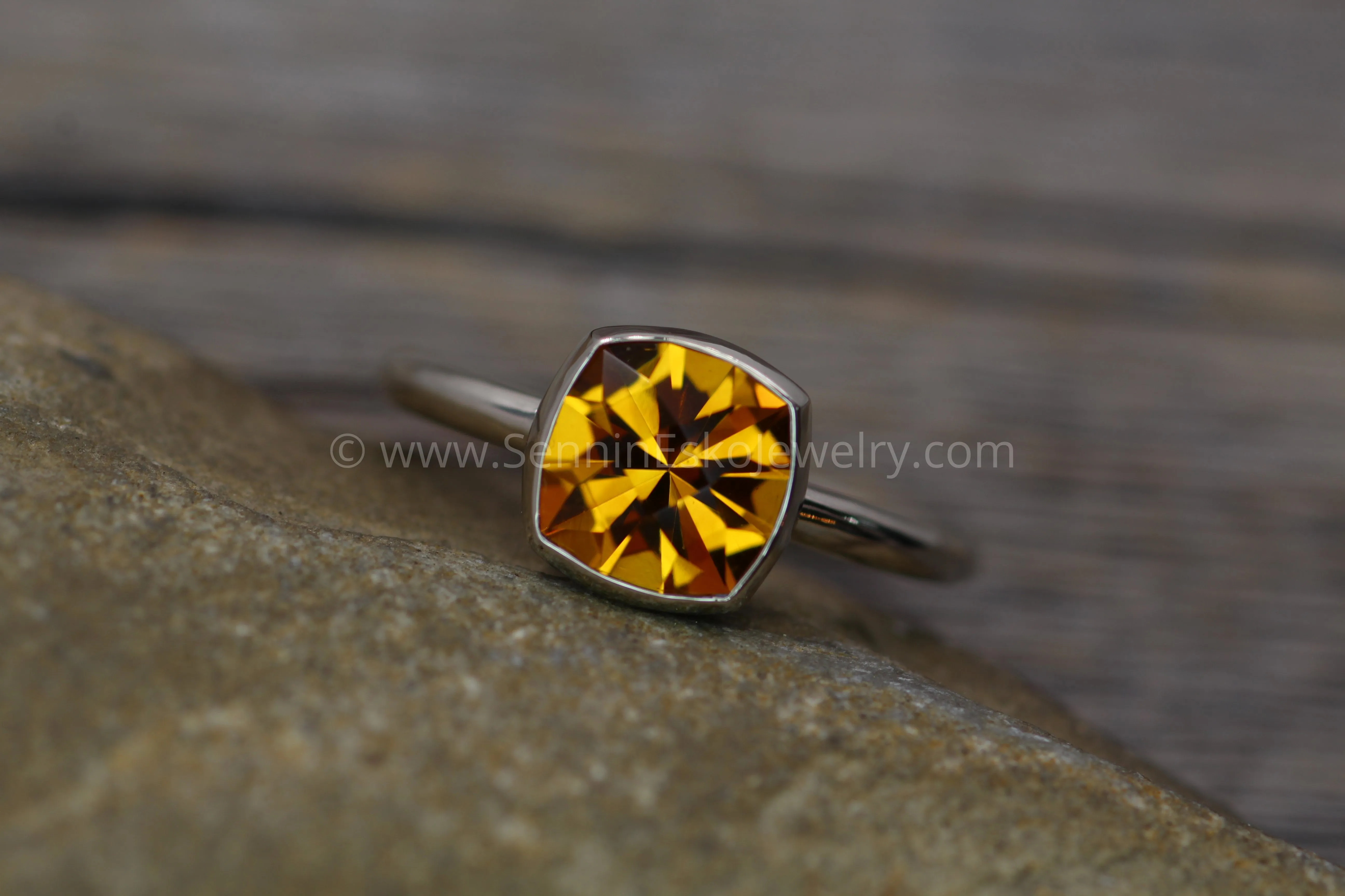 Citrine Cushion Cut White Gold Bezel Ring - Specialty Cut Citrine