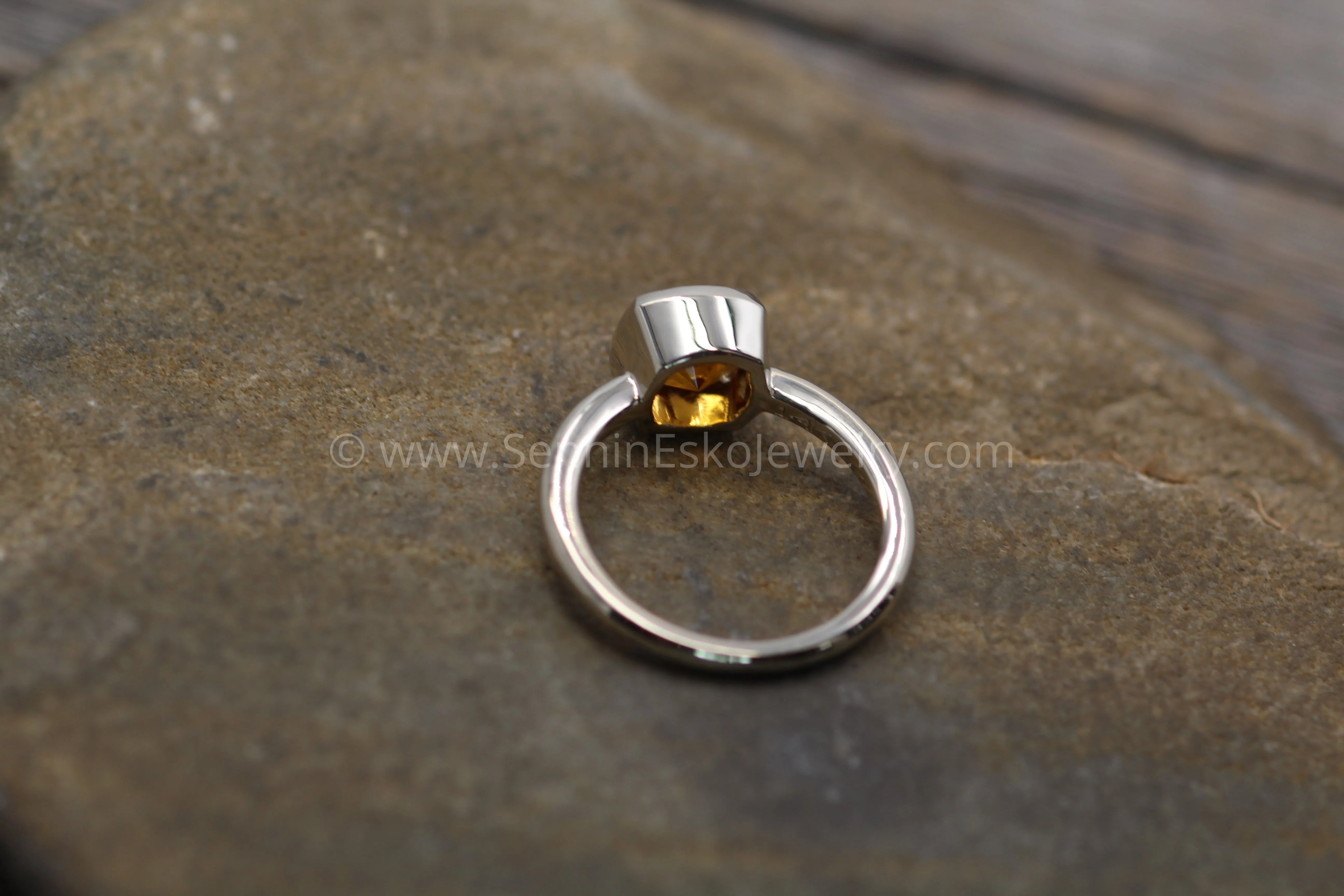 Citrine Cushion Cut White Gold Bezel Ring - Specialty Cut Citrine