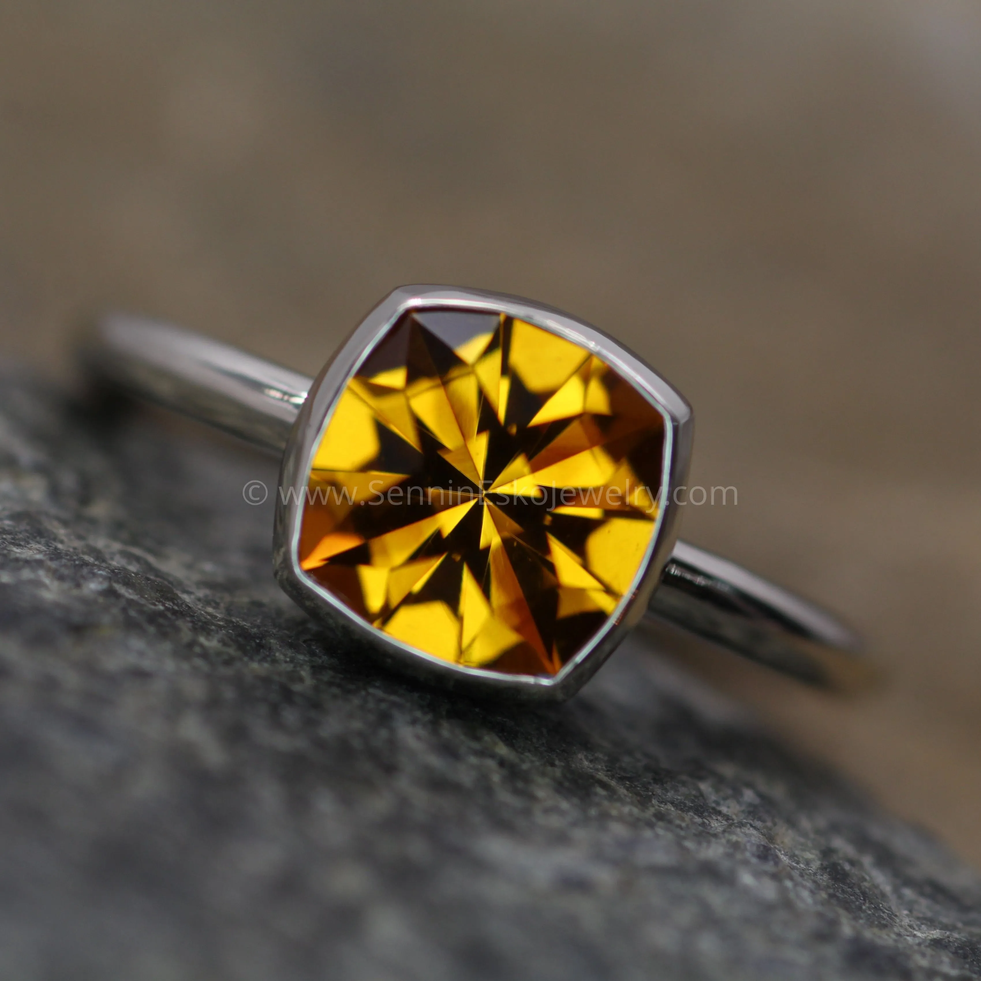 Citrine Cushion Cut White Gold Bezel Ring - Specialty Cut Citrine