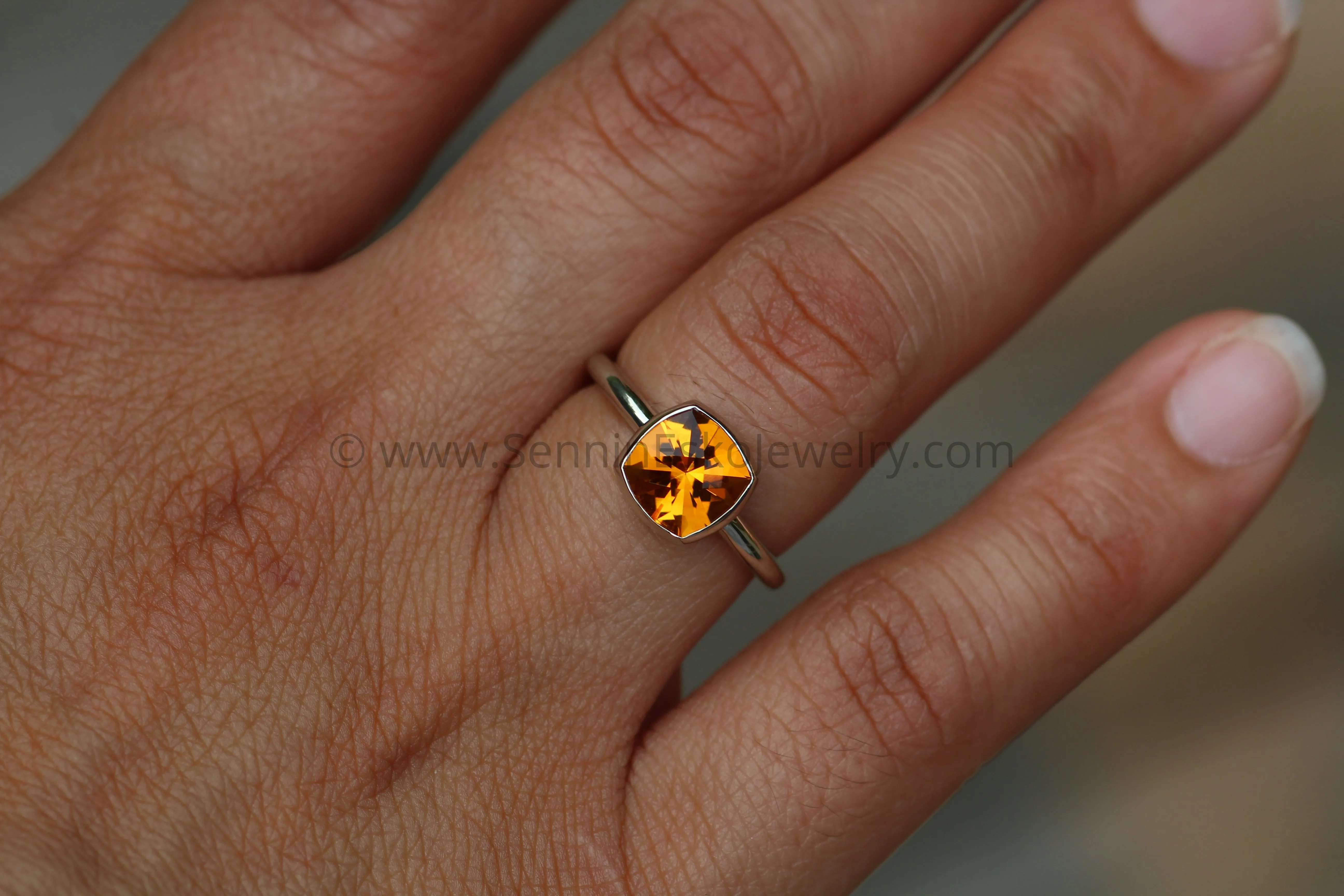 Citrine Cushion Cut White Gold Bezel Ring - Specialty Cut Citrine