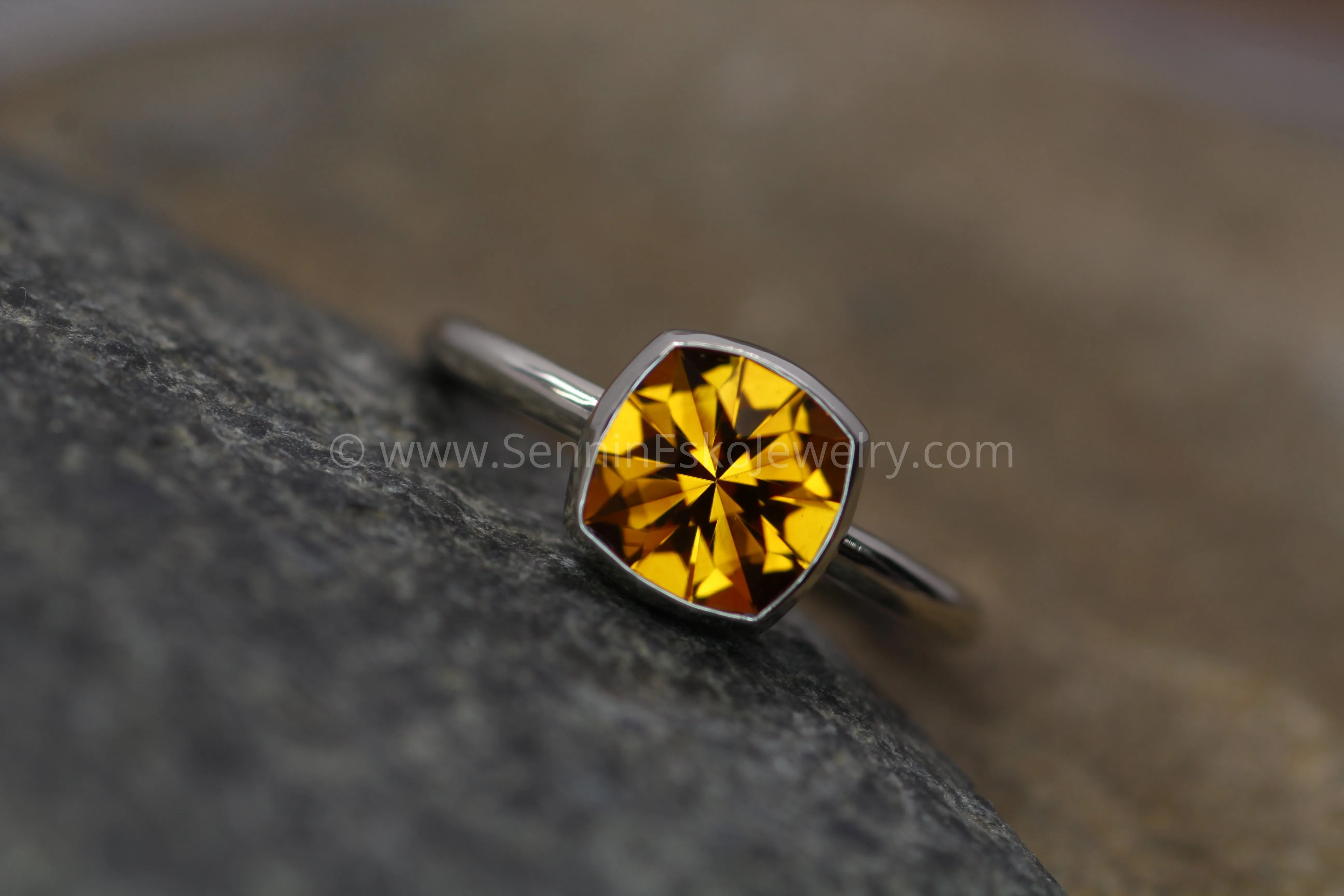 Citrine Cushion Cut White Gold Bezel Ring - Specialty Cut Citrine