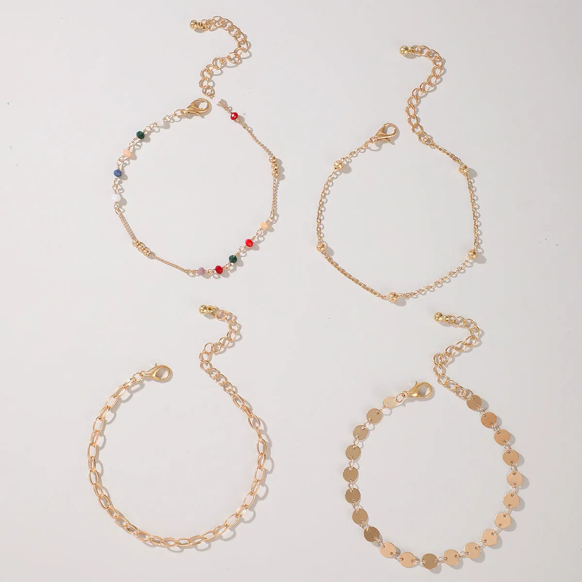 Color Rice Bead Chain Disc Anklet Set Of 4