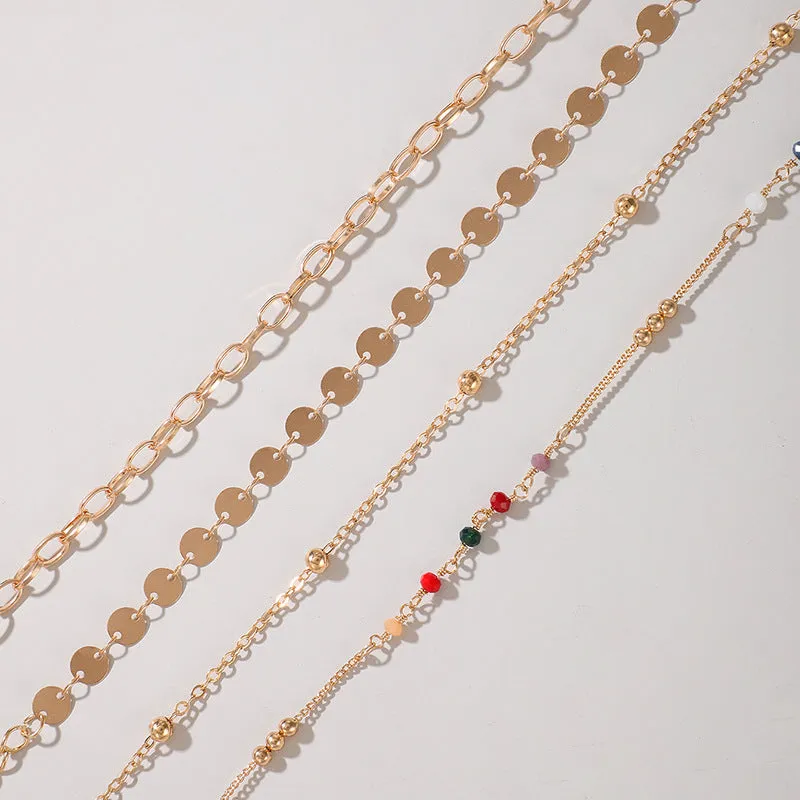 Color Rice Bead Chain Disc Anklet Set Of 4