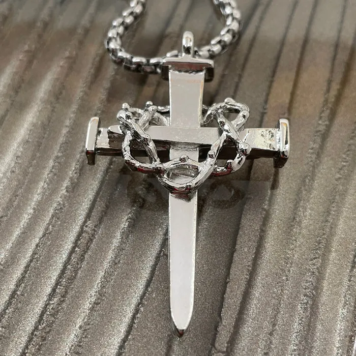 Crown Of Thorns Nail Cross Large Pendant Rhodium Metal Finish Heavy Chain Necklace