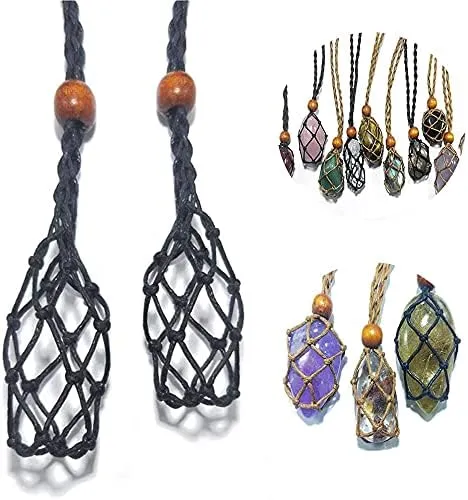 Crystal Cage Necklace Holder - Stone Cage for Crystals, Necklace Cord for Crystal, Quartz Raw Stone Crystal Pendants Necklace Rope Adjustable Quartz Raw Stone Cord (1pcs-Black)