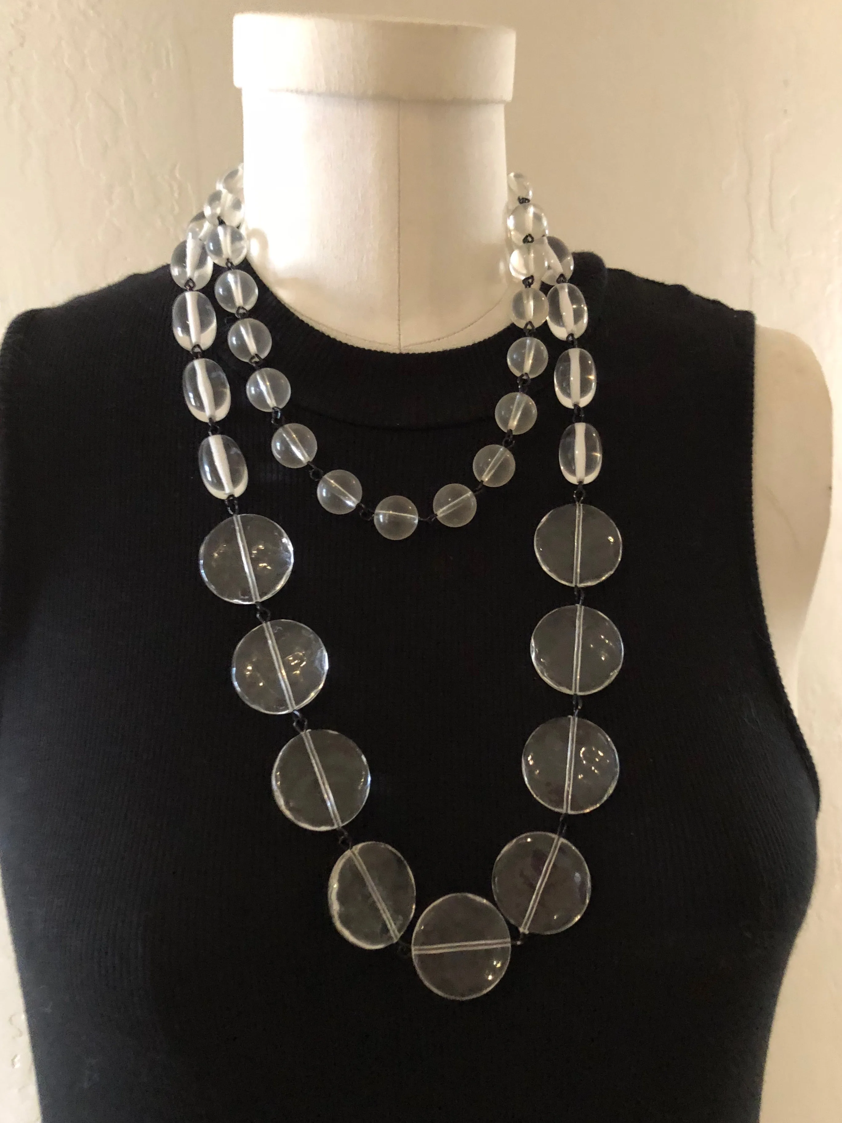 Crystal Clear & Black Rosary Chain Rope Necklace