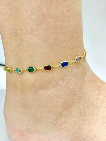 CZ Multi Color Anklet Bracelet 10" for Womens Bracelet for Foot Everyday Jewelry Gold Bracelet Stones Pulsera de Pie para Mujer Oro Laminado