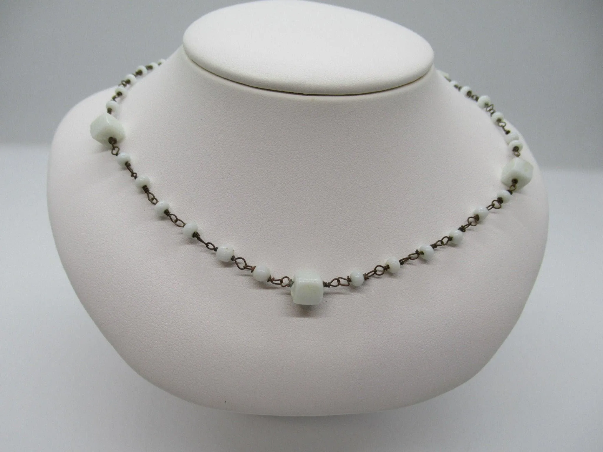 Dainty Antique Choker with Square and Round Milk Glass Beads