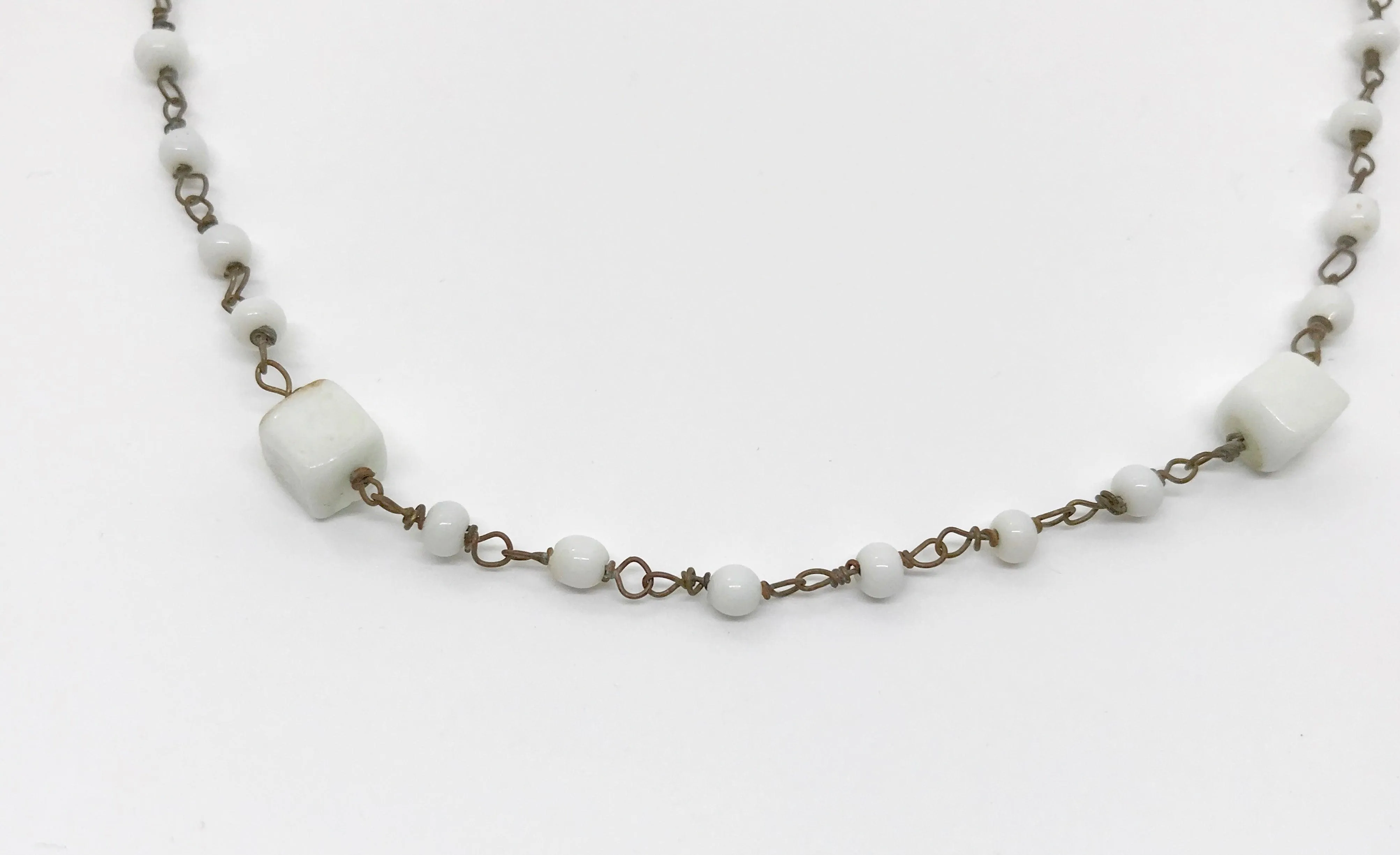 Dainty Antique Choker with Square and Round Milk Glass Beads