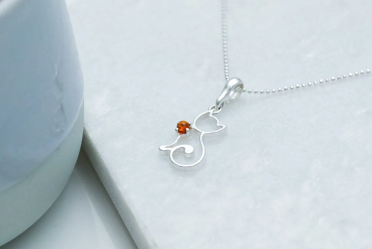 Dainty Cat Charm Necklace - Sterling Silver with Amber Gemstone