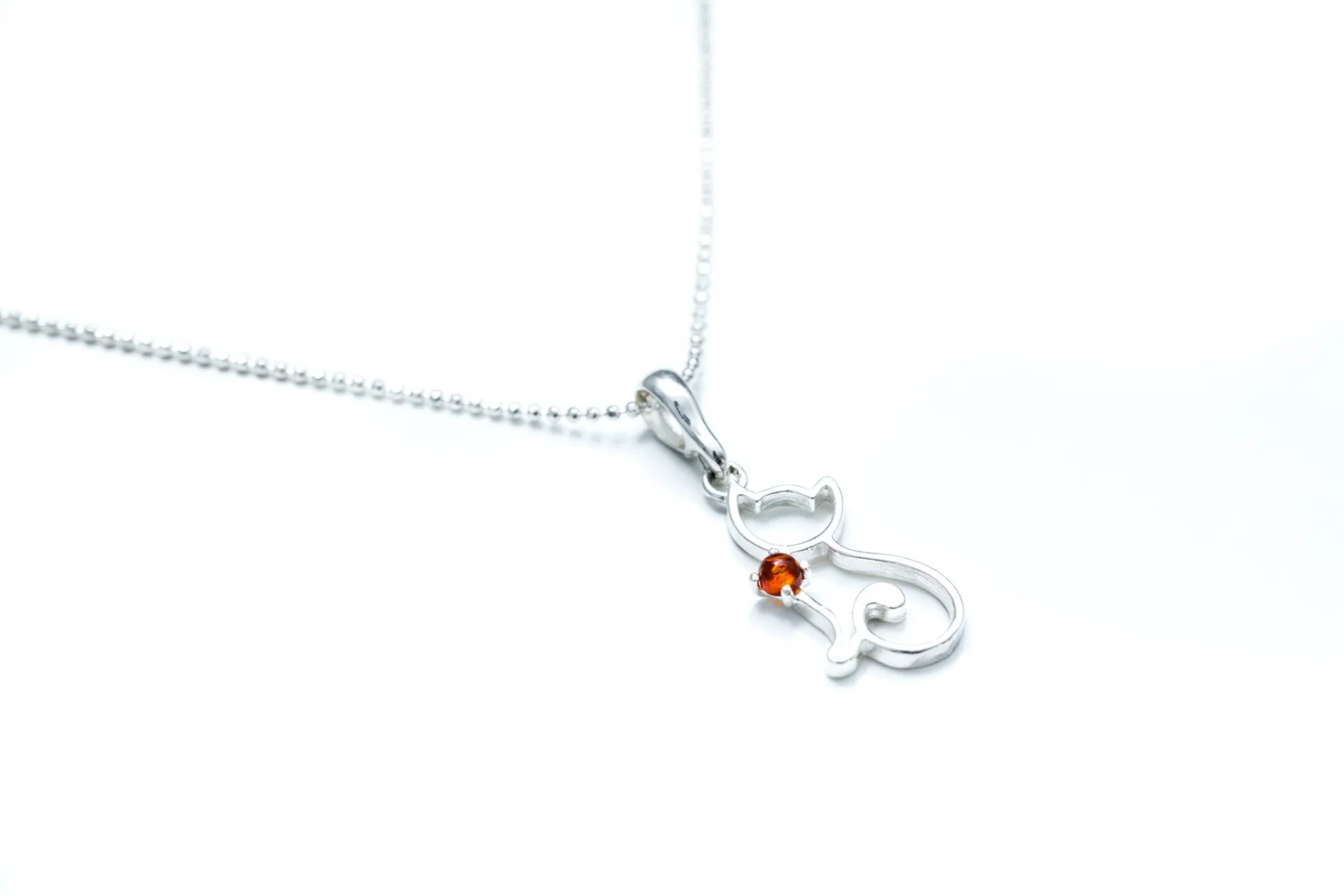 Dainty Cat Charm Necklace - Sterling Silver with Amber Gemstone