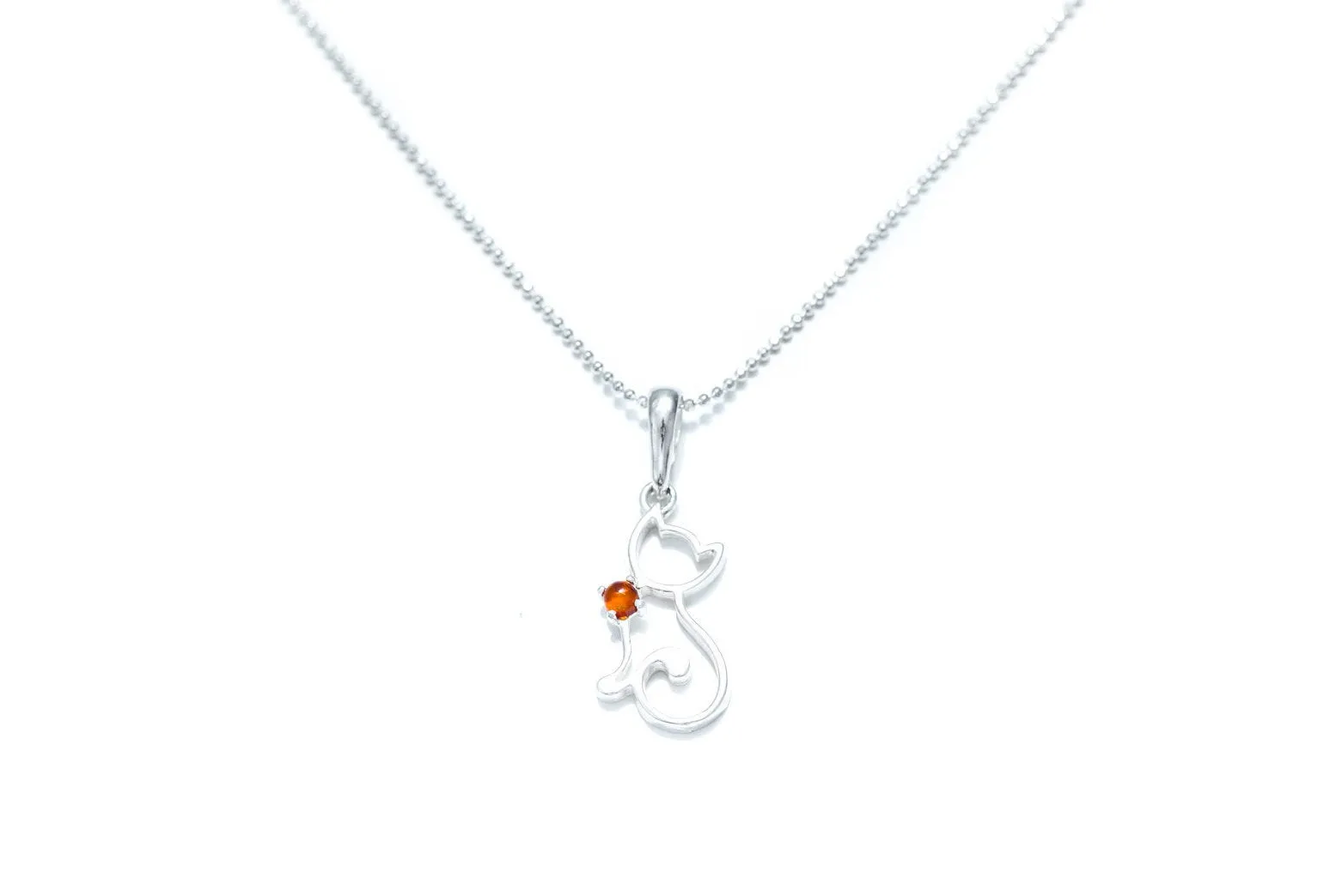 Dainty Cat Charm Necklace - Sterling Silver with Amber Gemstone