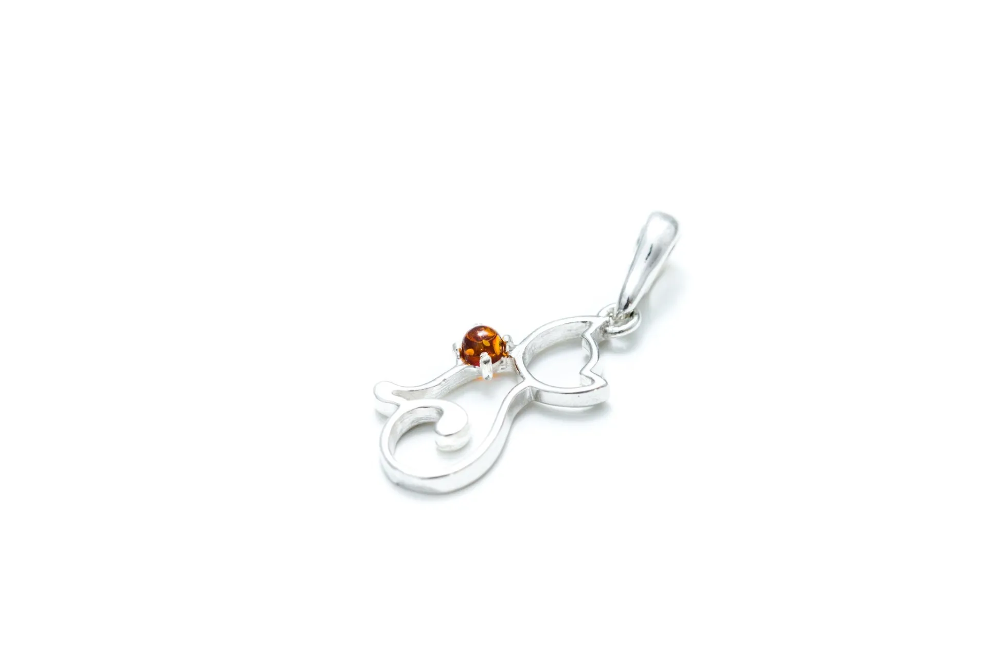 Dainty Cat Charm Necklace - Sterling Silver with Amber Gemstone