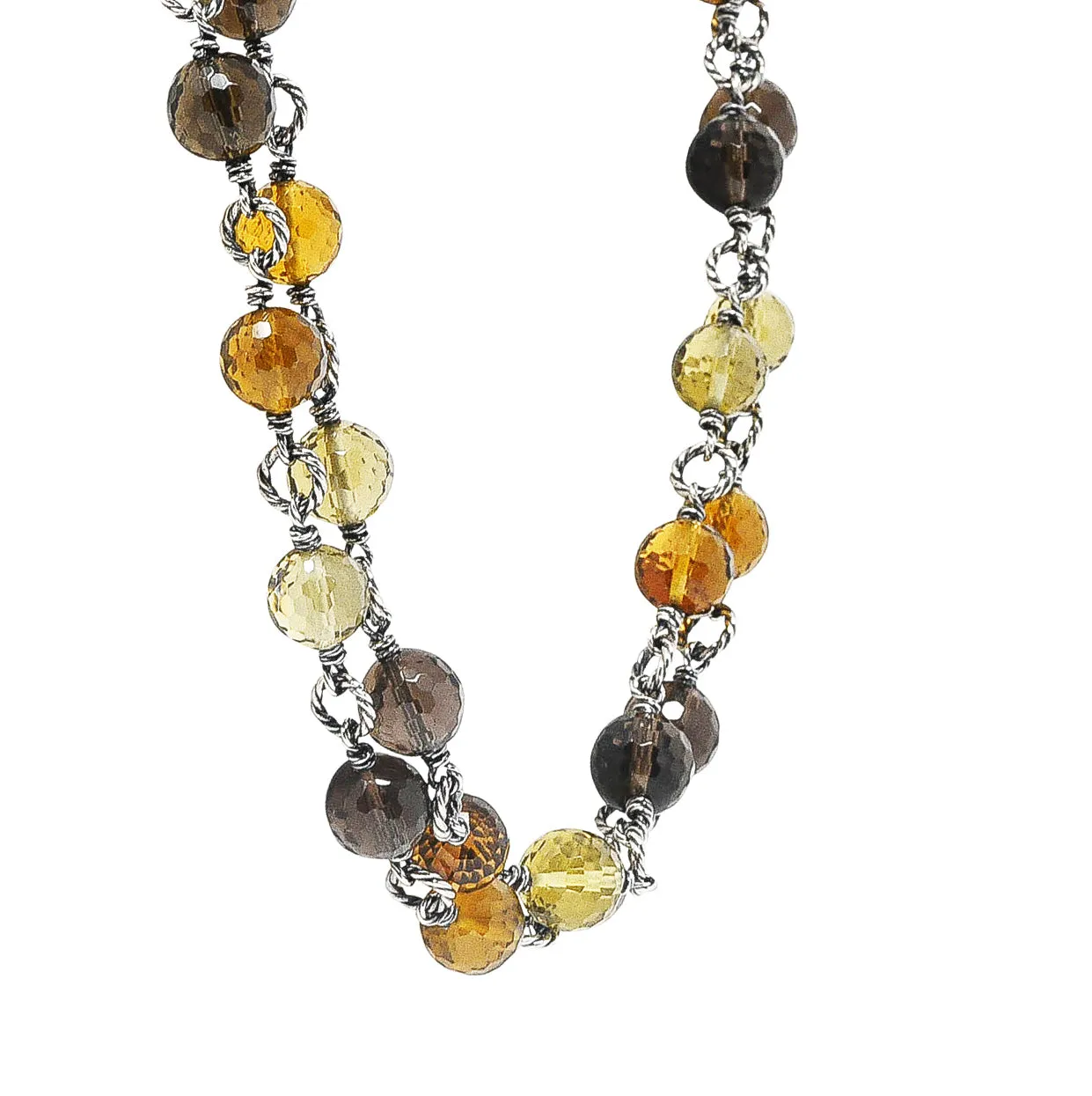 David Yurman Citrine Smoky Quartz Rock Crystal Sterling Silver Bead Station Necklace