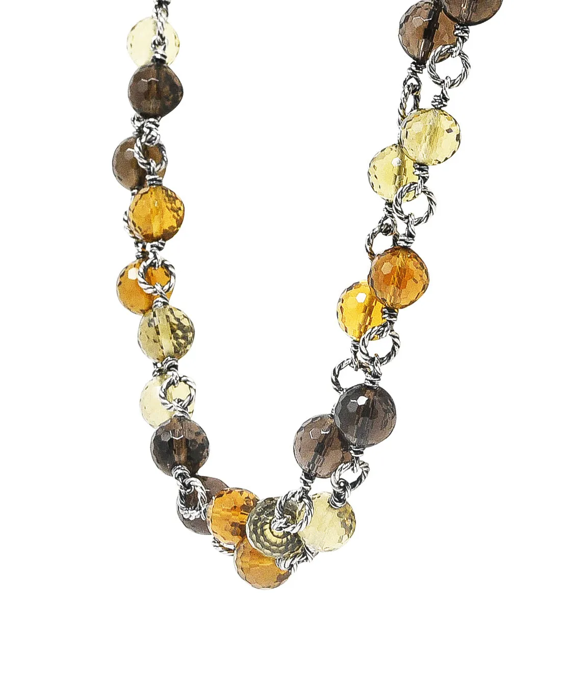 David Yurman Citrine Smoky Quartz Rock Crystal Sterling Silver Bead Station Necklace