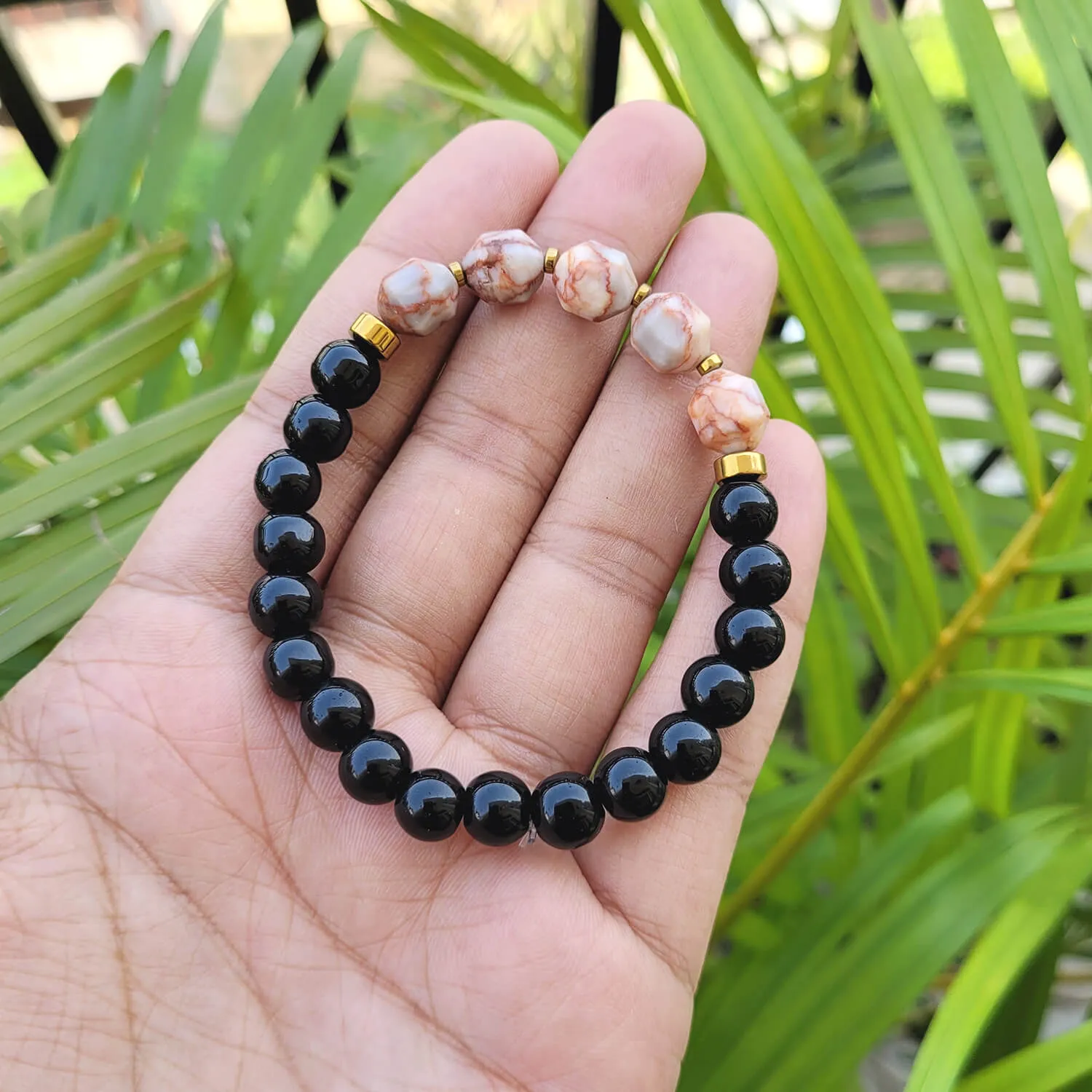 Diamond Cut Red Picasso Jasper With Black Obsidian And Golden Hematite Bracelet