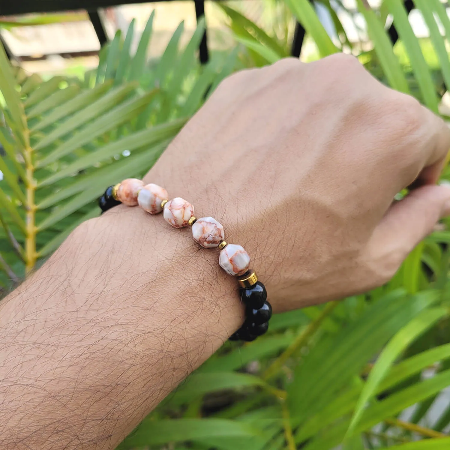 Diamond Cut Red Picasso Jasper With Black Obsidian And Golden Hematite Bracelet