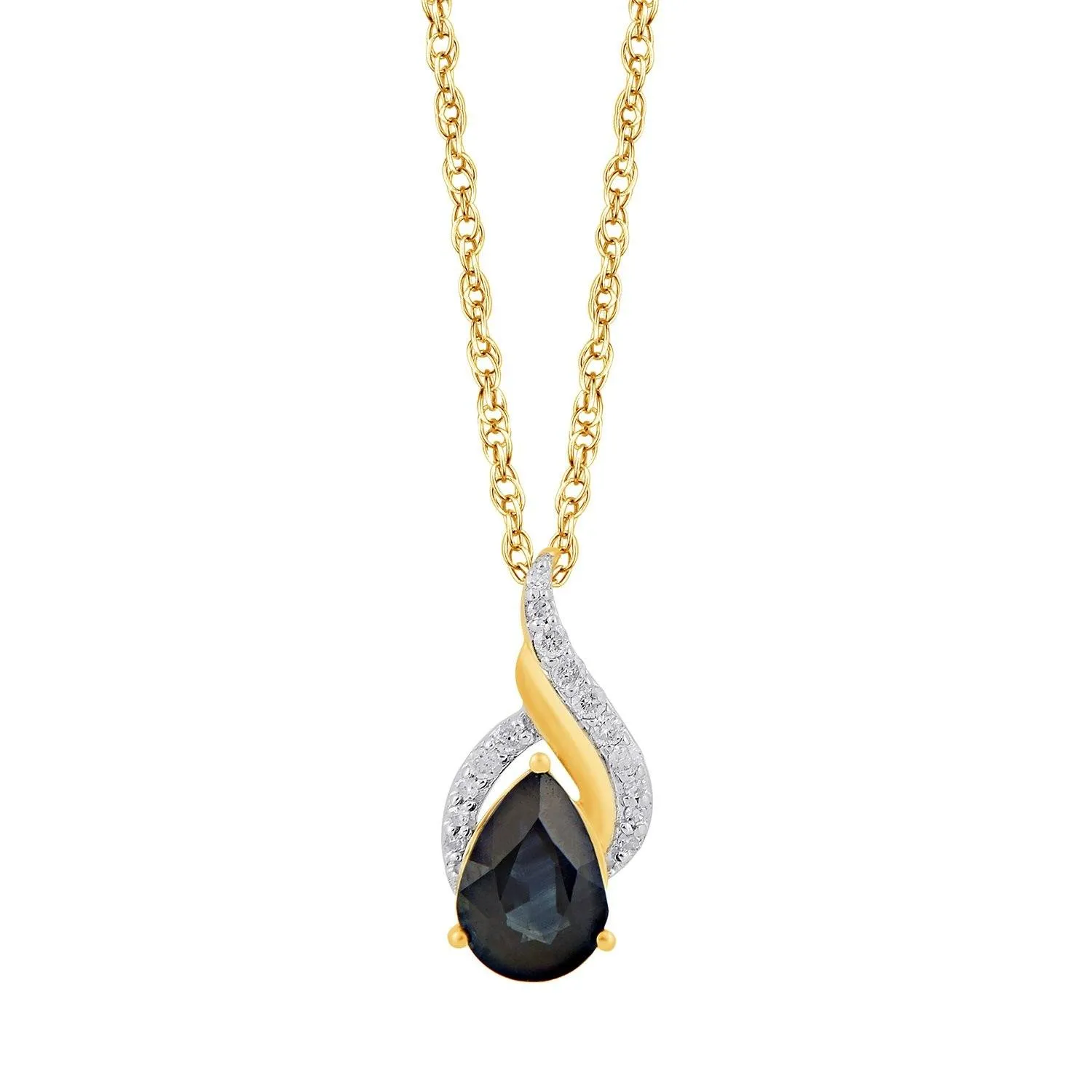 Diamond Set Pear Sapphire Swirl Necklace in 9ct Yellow Gold