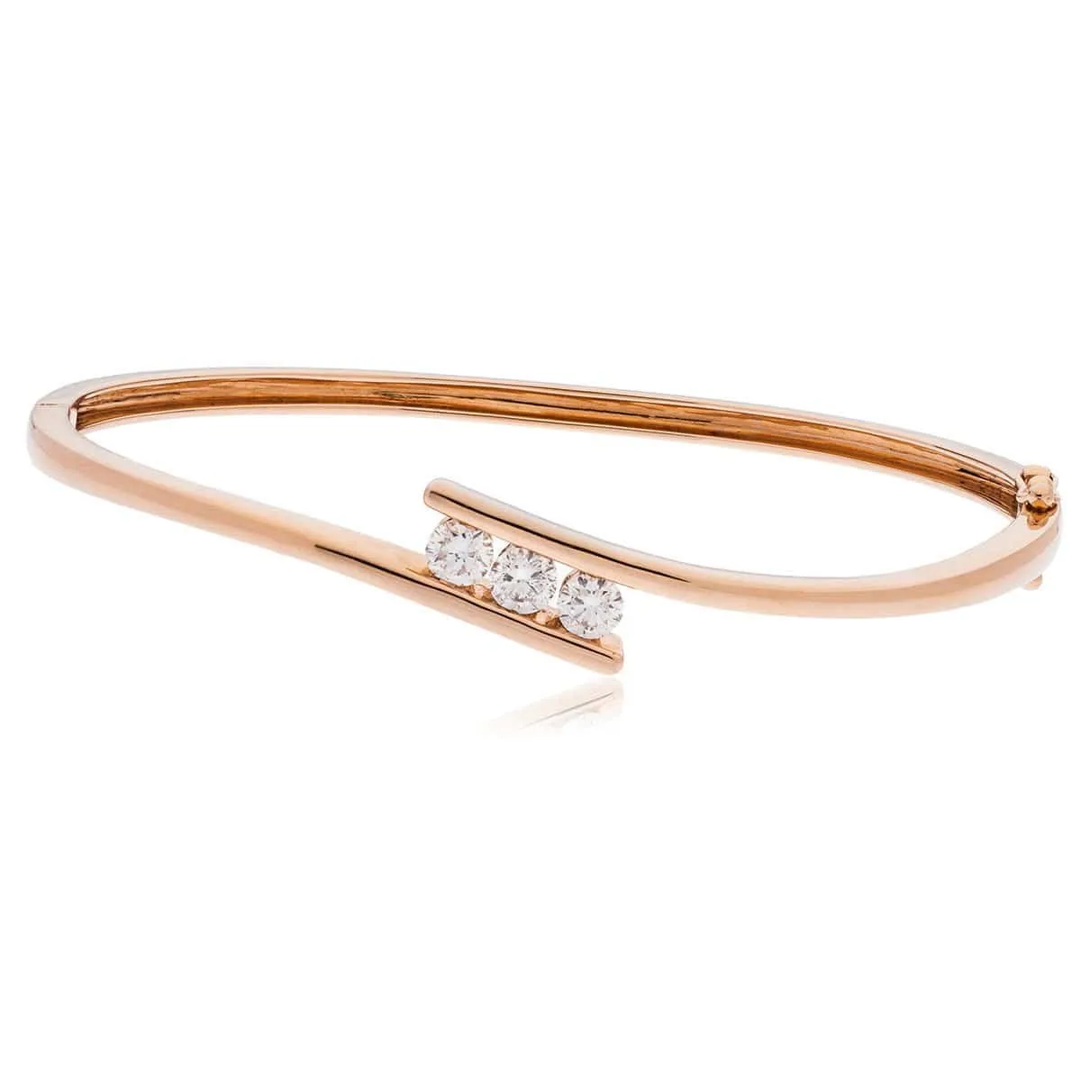 DIAMOND THREE STONE CROSS OVER BANGLE IN 9K ROSE GOLD