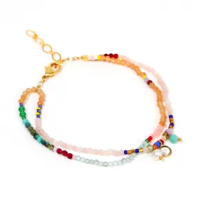 Double Row Semi-Precious Stone   Glass Bead Bracelet