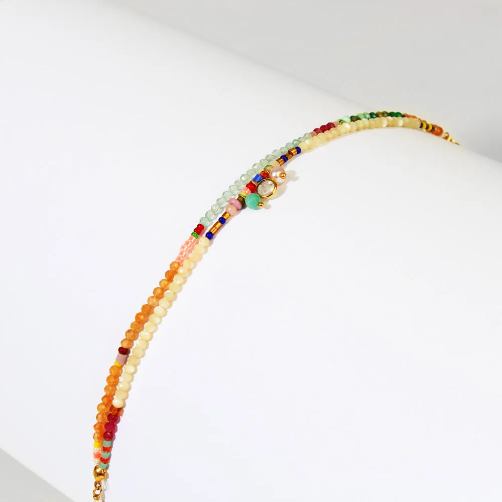 Double Row Semi-Precious Stone   Glass Bead Bracelet