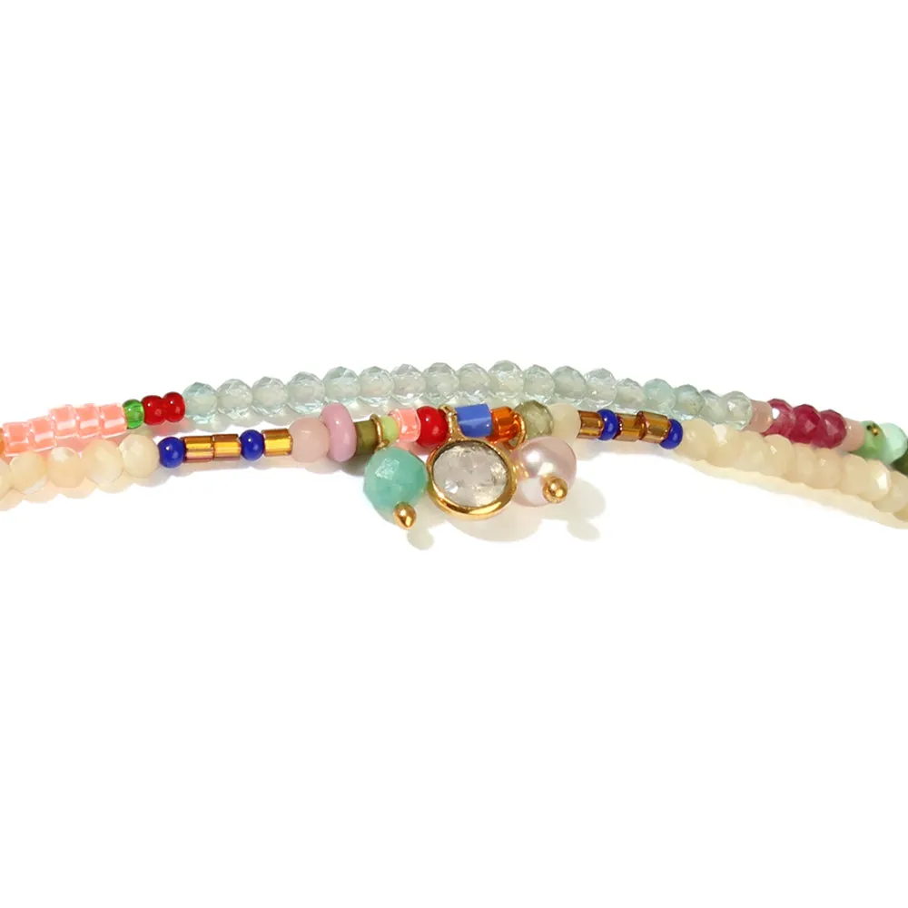 Double Row Semi-Precious Stone   Glass Bead Bracelet